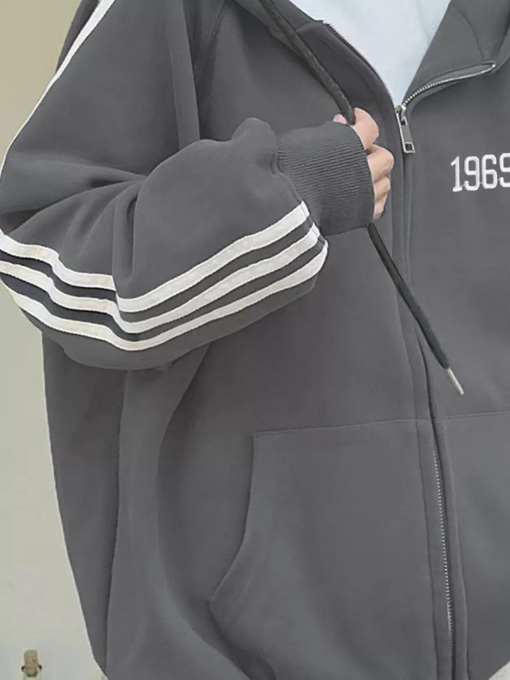 Striped Sleeve Zip-Up Hoodie, image 3
