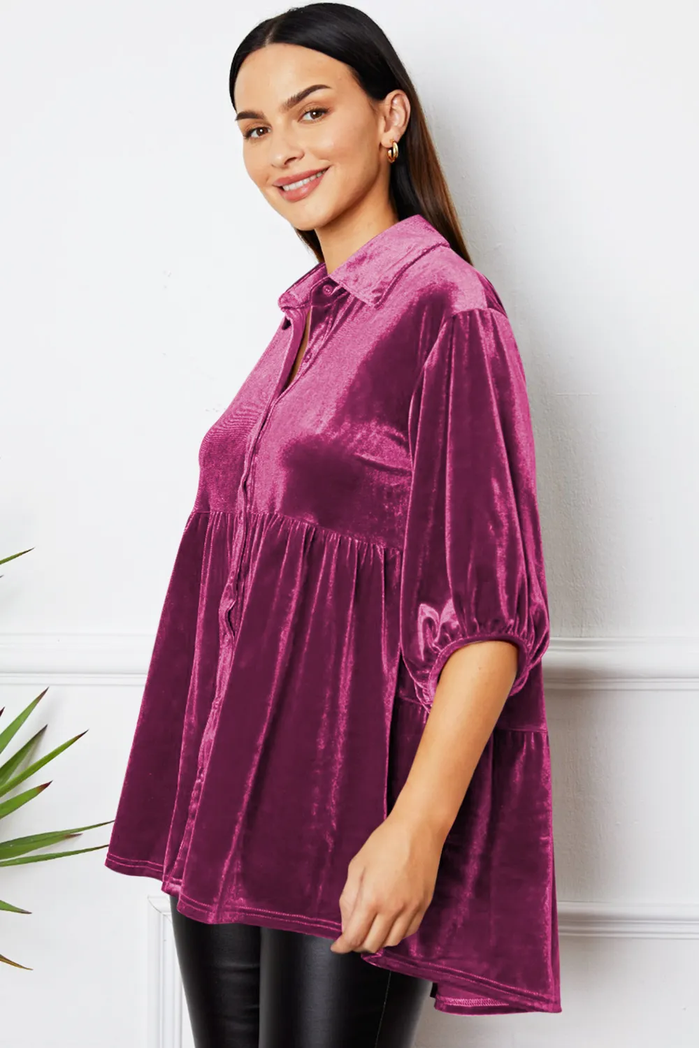 Velvet Tiered Button Up Collared Neck Shirt, image 7