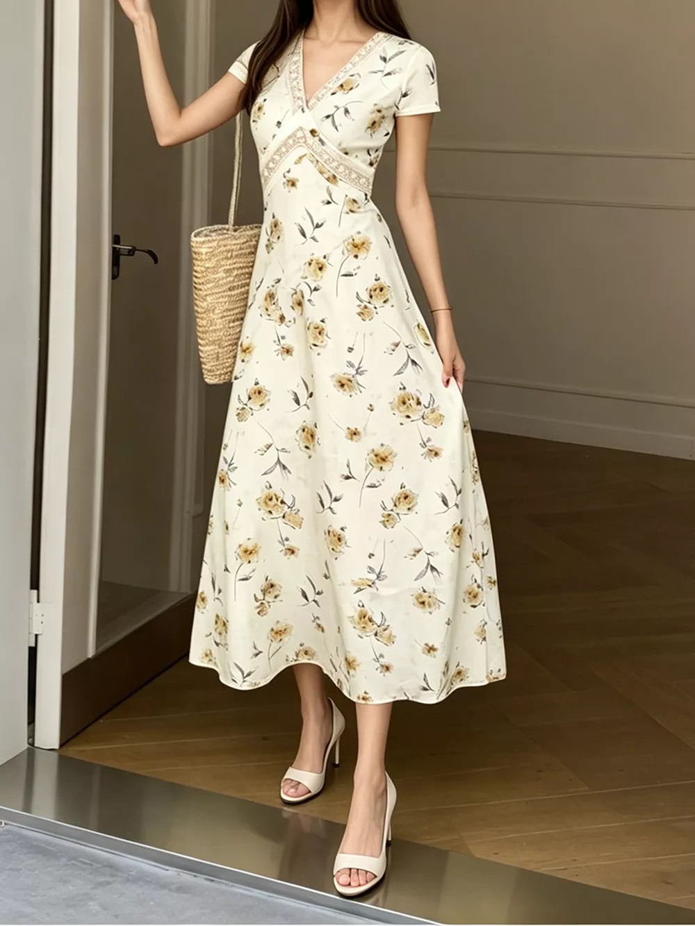 Floral V-Neck Midi Dress with Lace Trim, image 2