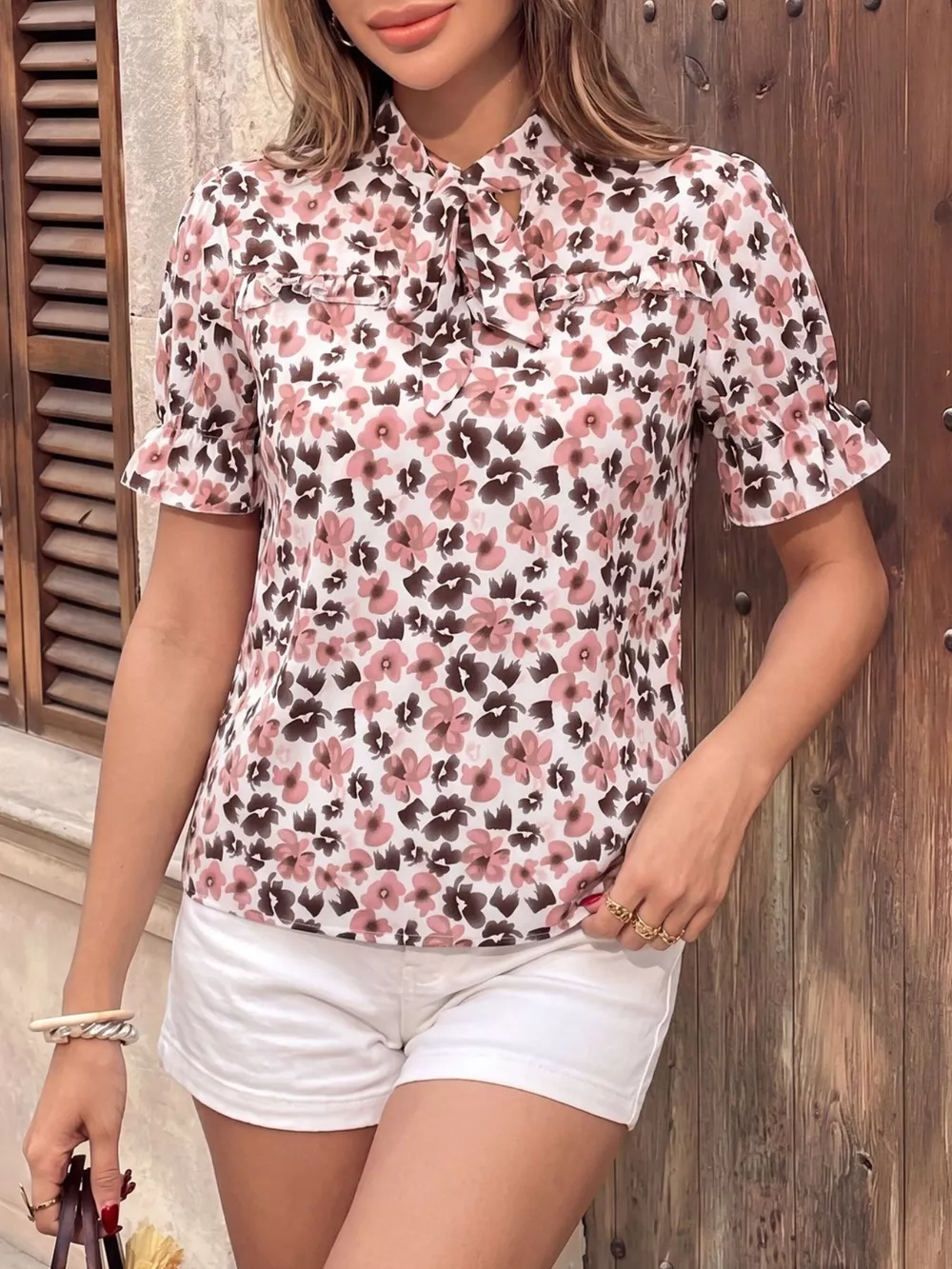 Floral Print Tie Neck Ruffle Blouse, image 4