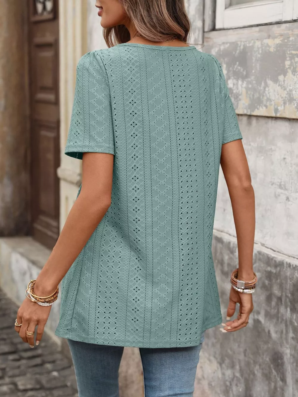 Eyelet Square Neck Short Sleeve Top, image 5