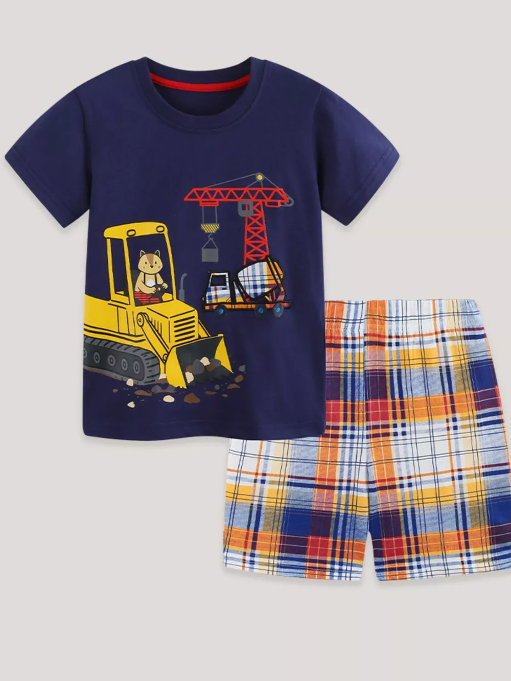 Children's Construction Vehicle Print Tee & Plaid Shorts Set, image 2