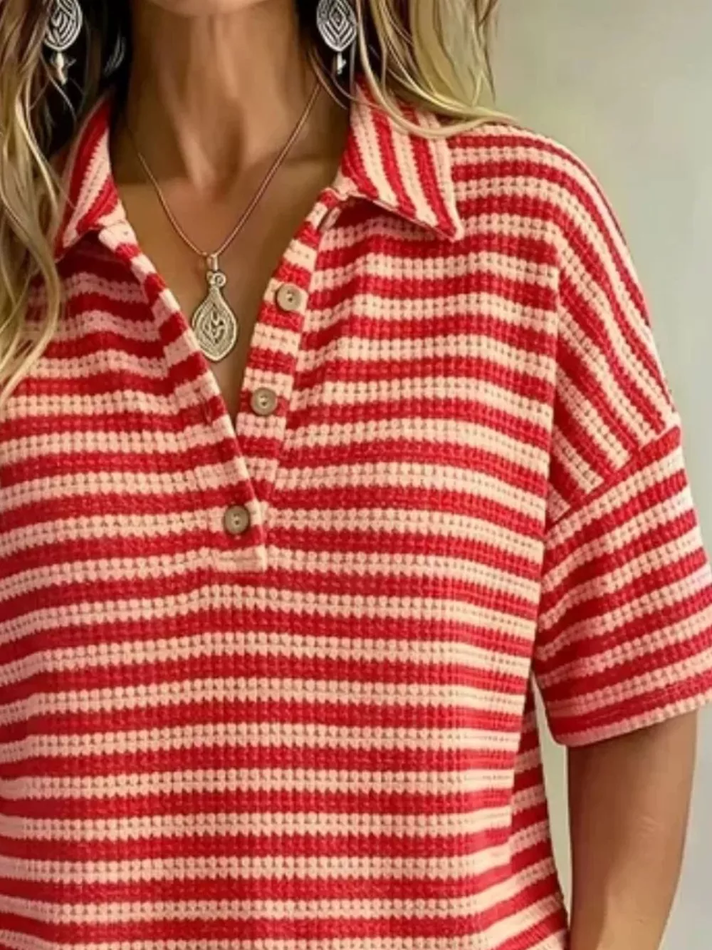 Full Size Contrast Striped Knit Polo Shirt Plus Size, image 2