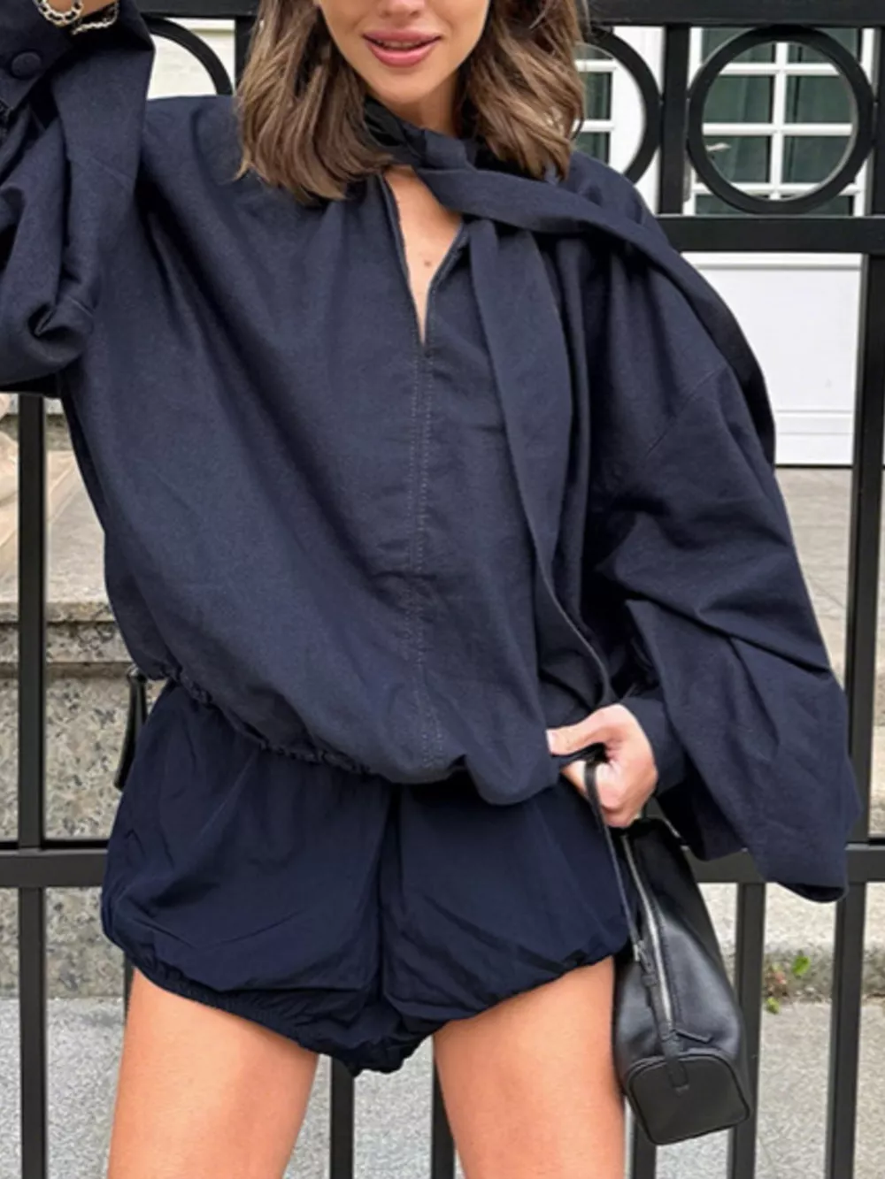 Tie Front Denim Top and Shorts Set, image 4