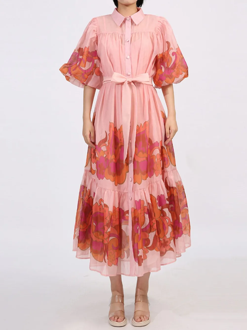 Button Front Puff Sleeve Dress, image 2