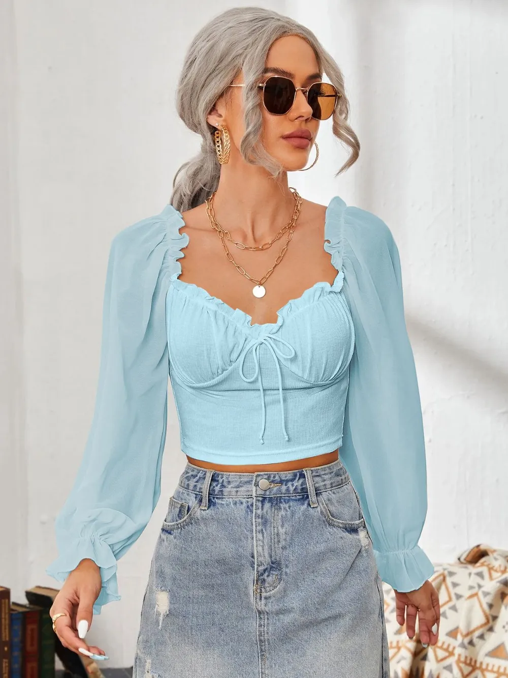 Mesh Sweetheart Neck Flounce Sleeve Top, image 6