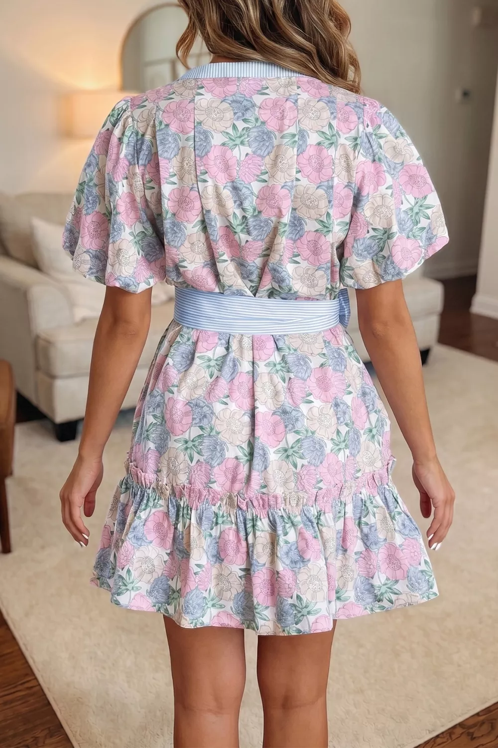Floral Print Striped Contrast Trim Belted Short Dress, image 2