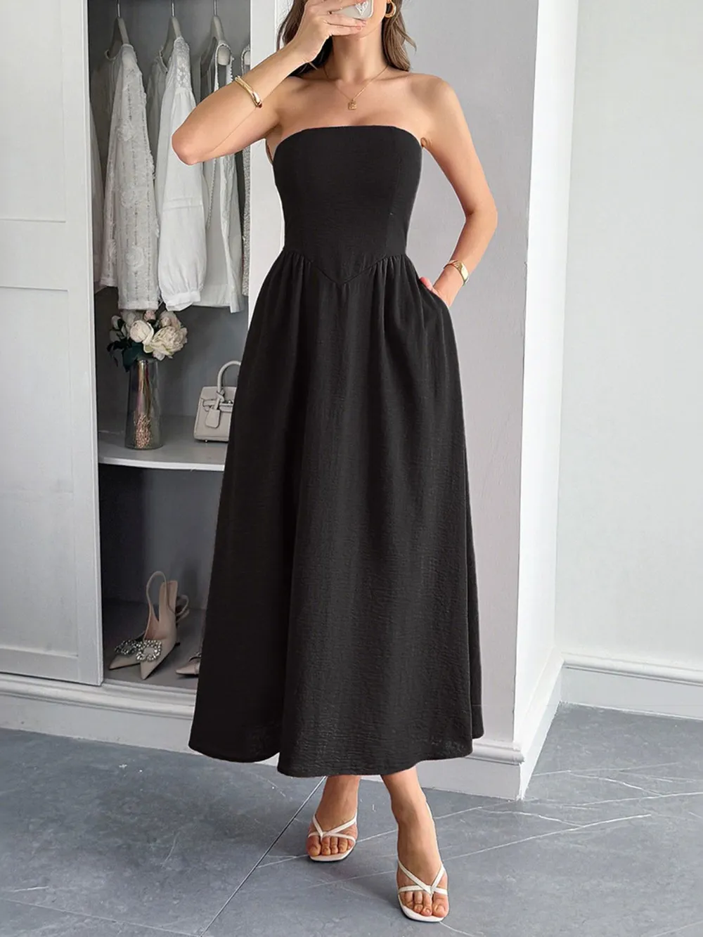 Strapless A-Line Midi Dress with Pockets, image 2