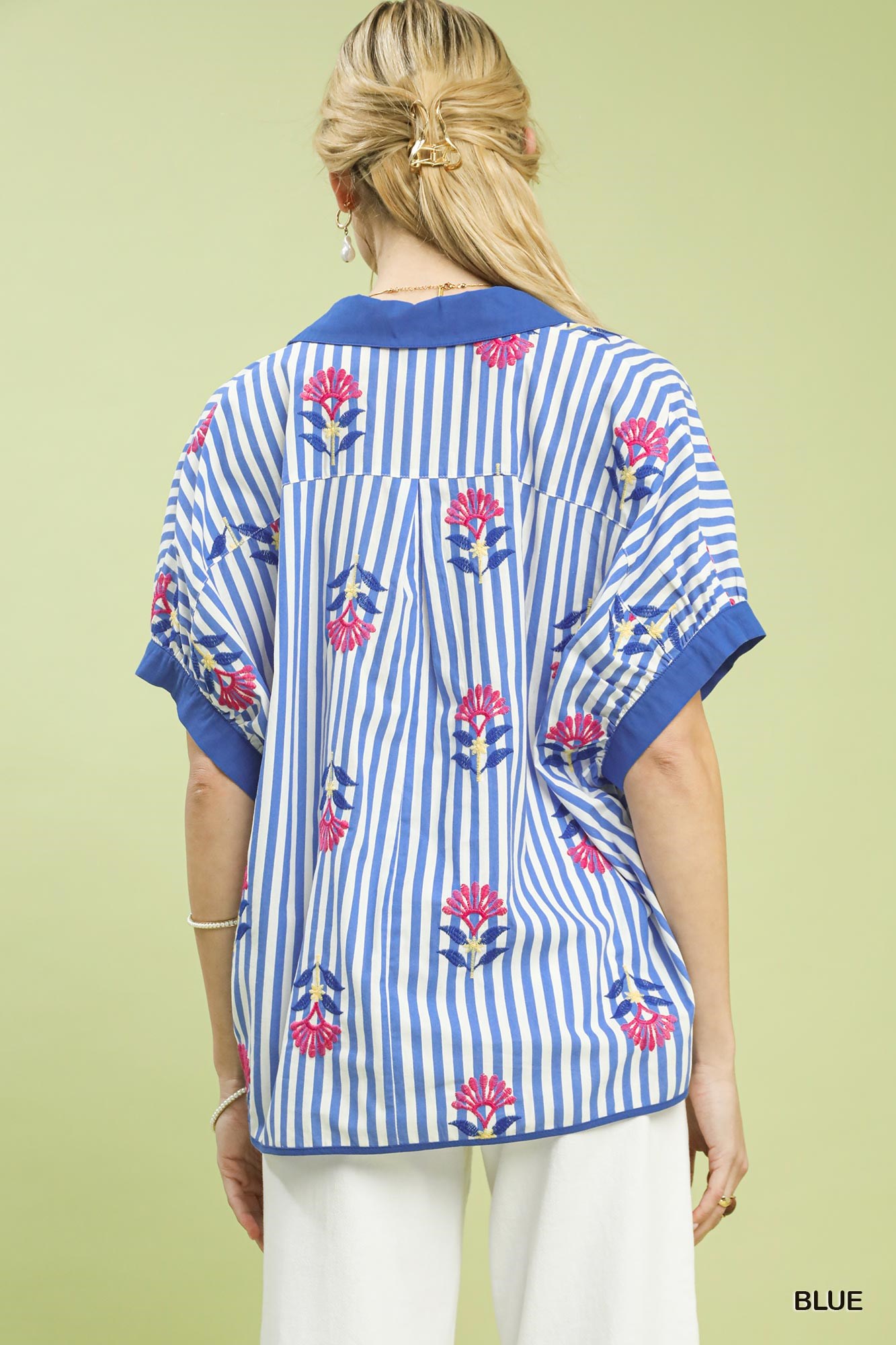 Stripe Embroidered Button-Front Boho Blouse, image 3