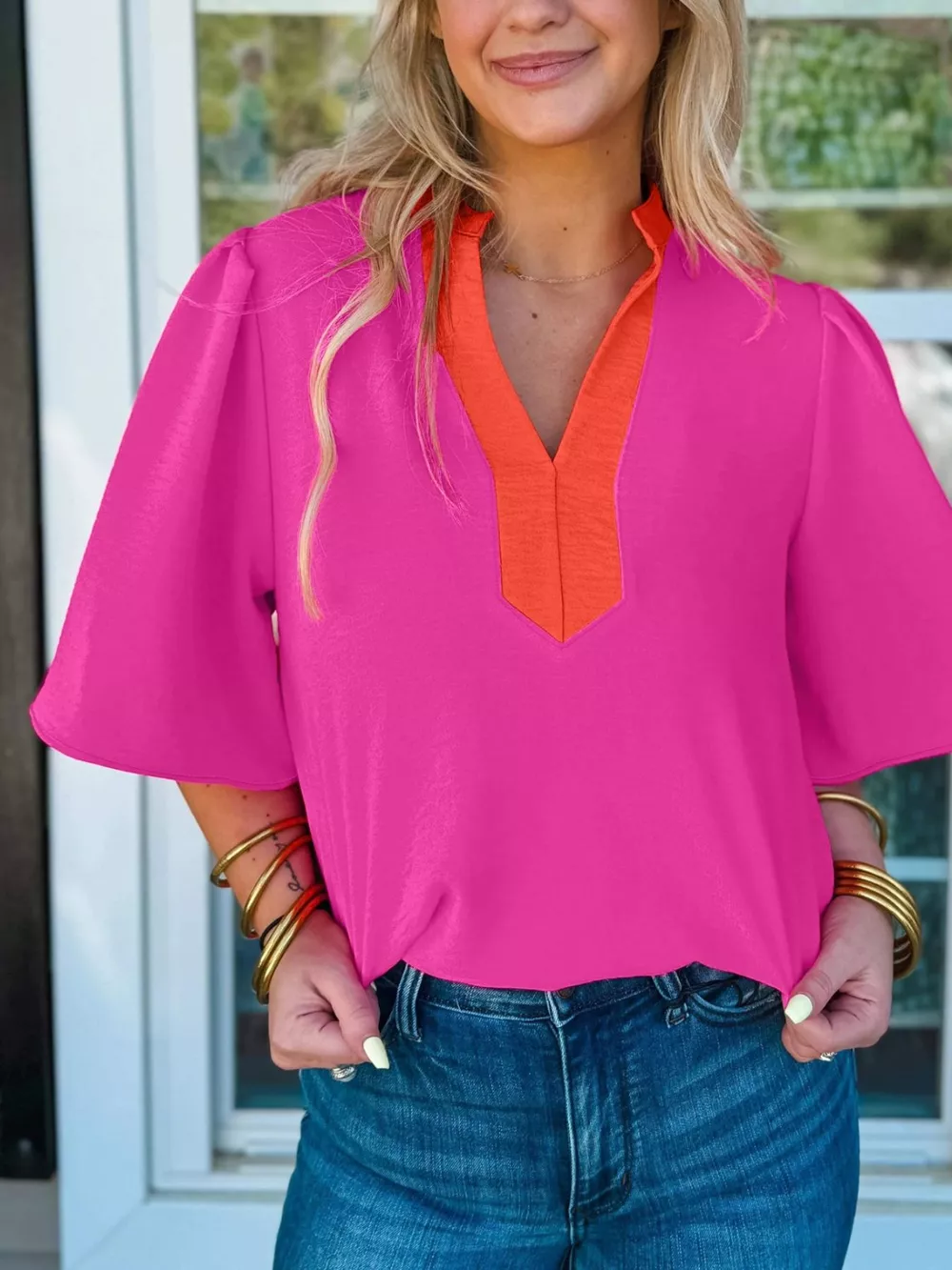 Notched Half Sleeve Blouse, image 8