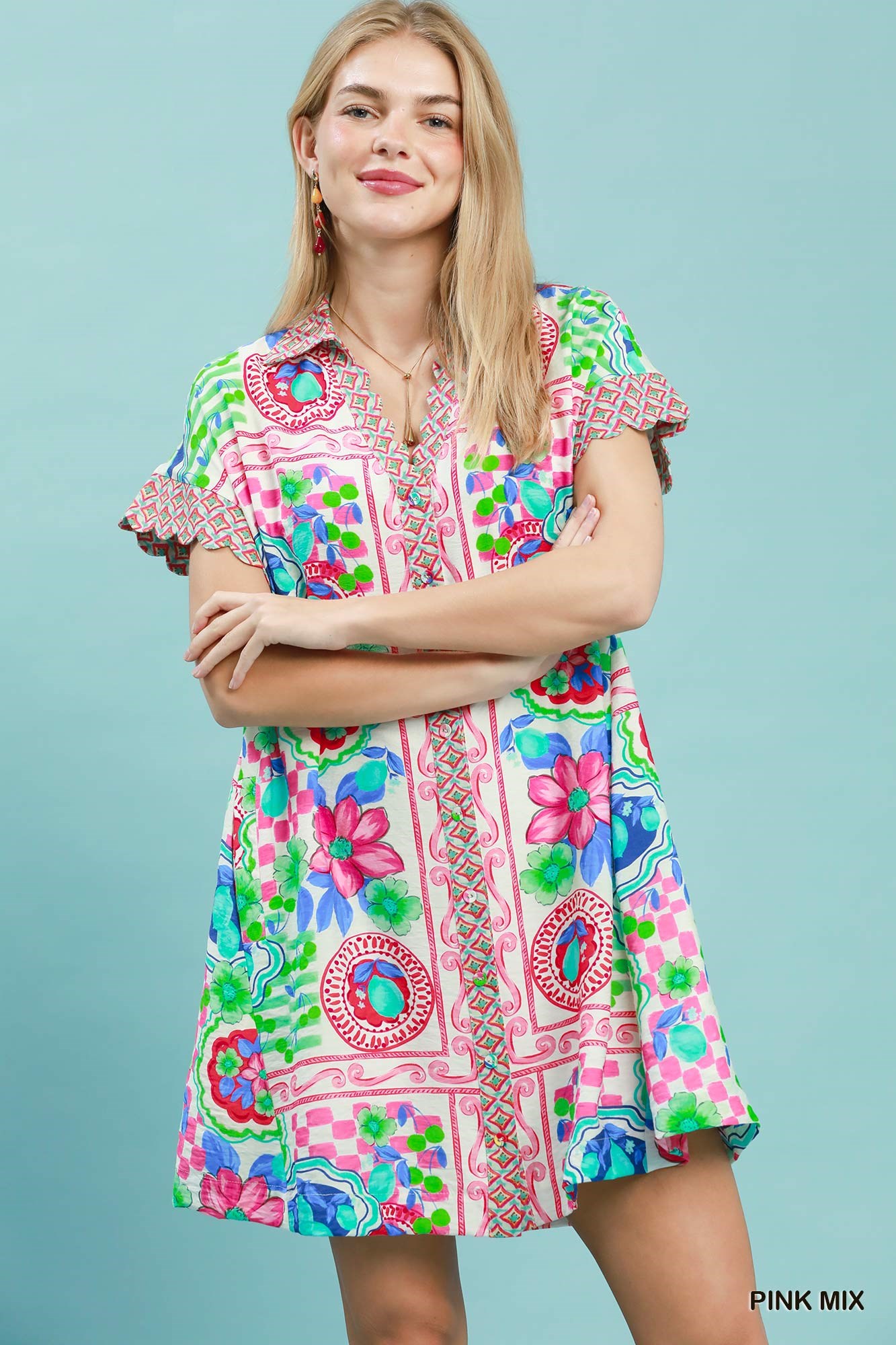 Mediterranean Print Dress with Contrast Printed Trim
