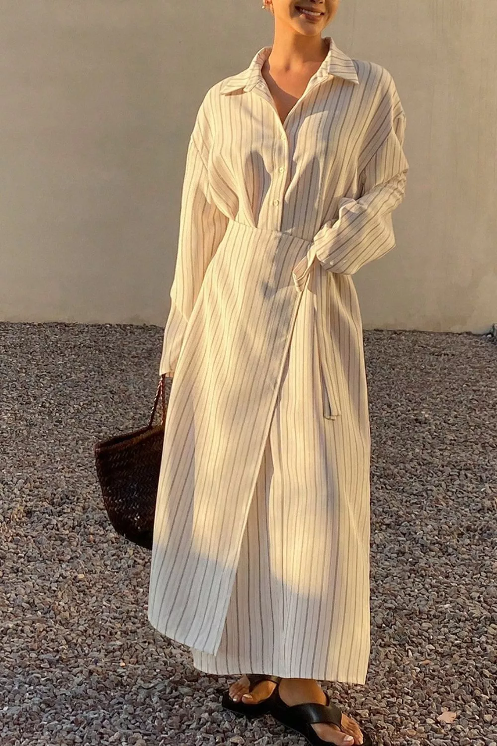 Striped Button-Down Shirt Dress with Waist Tie, image 2