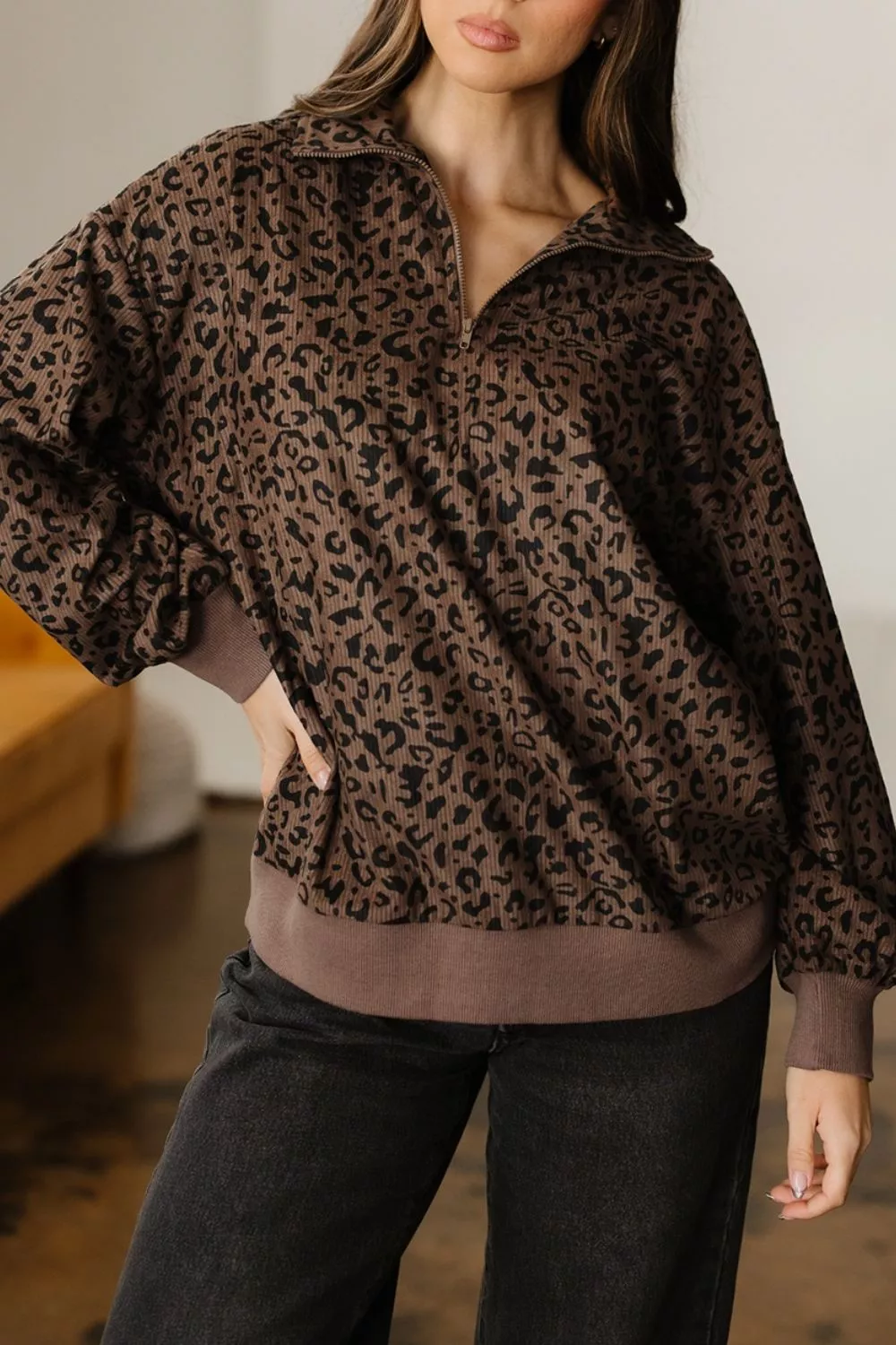 Leopard Print Quarter-Zip Sweatshirt, image 9
