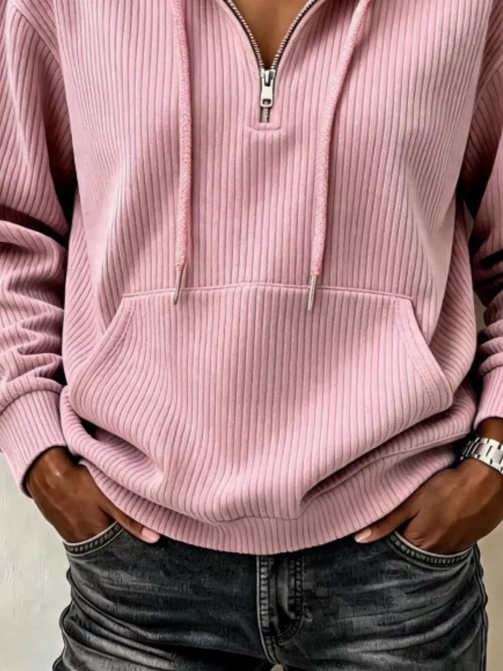 Ribbed Knit Quarter-Zip Hoodie, image 3