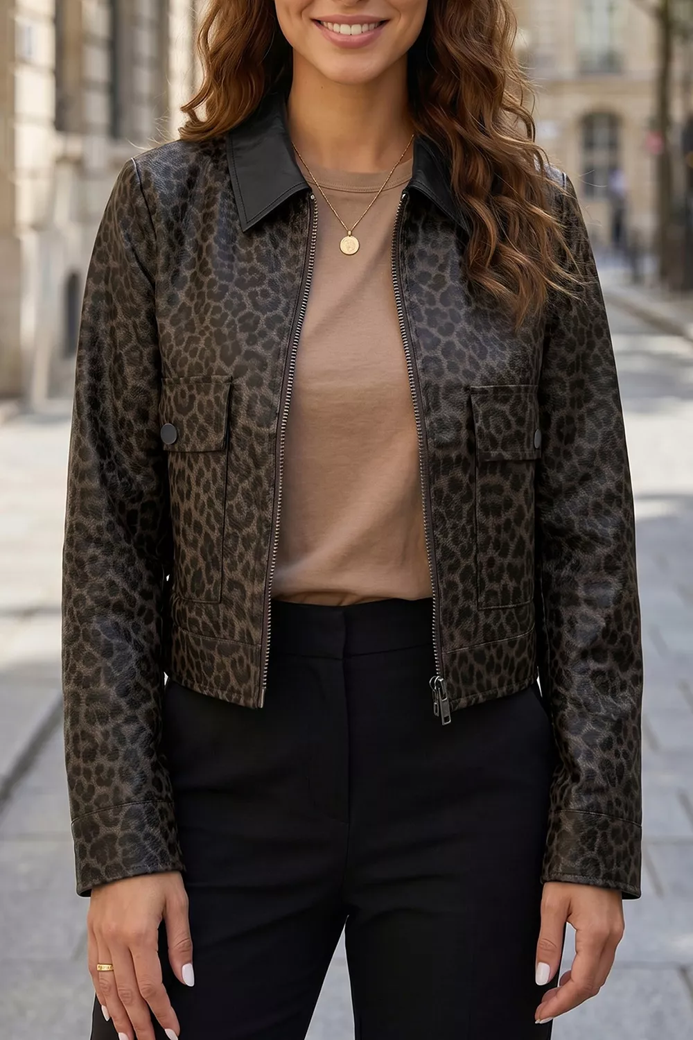 Leopard Print Cropped Faux Leather Jacket with Utility Pockets