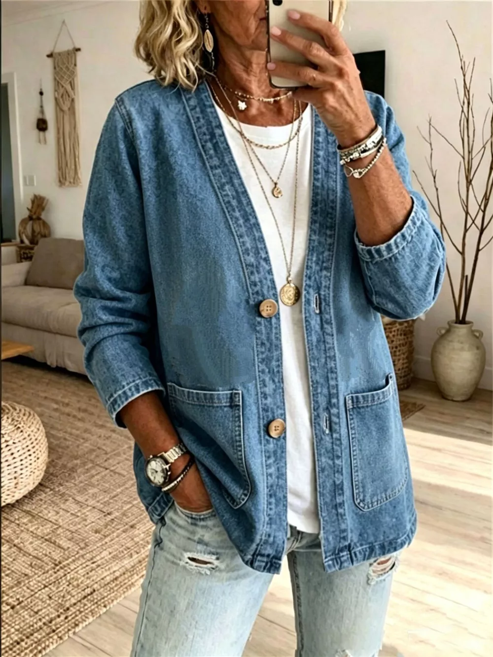 V-Neck Button-Down Denim Jacket, image 10