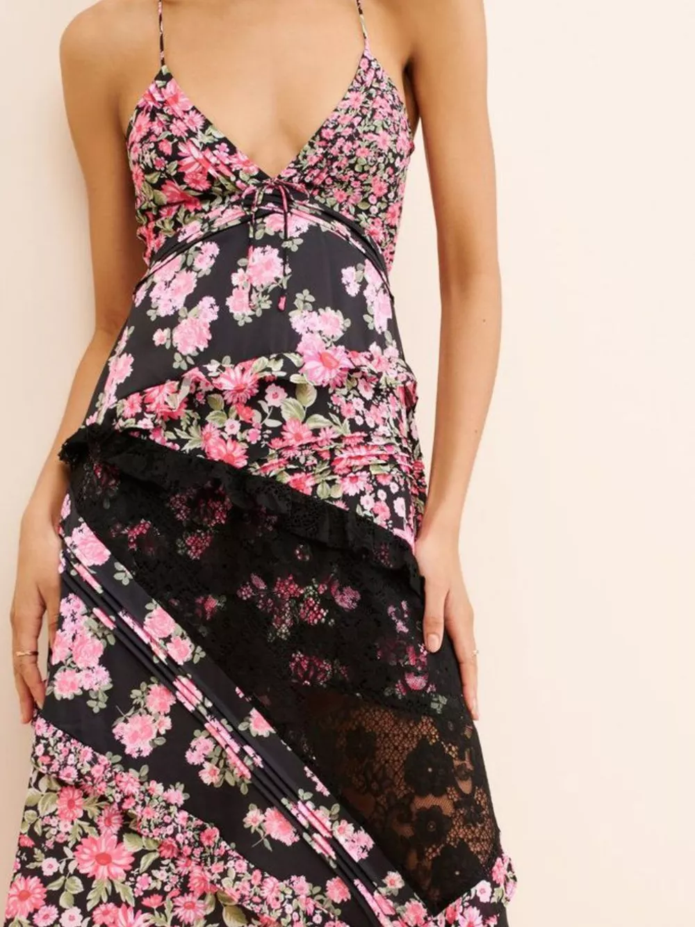 Lace Detail Ruffled Floral V-Neck Maxi Dress, image 6