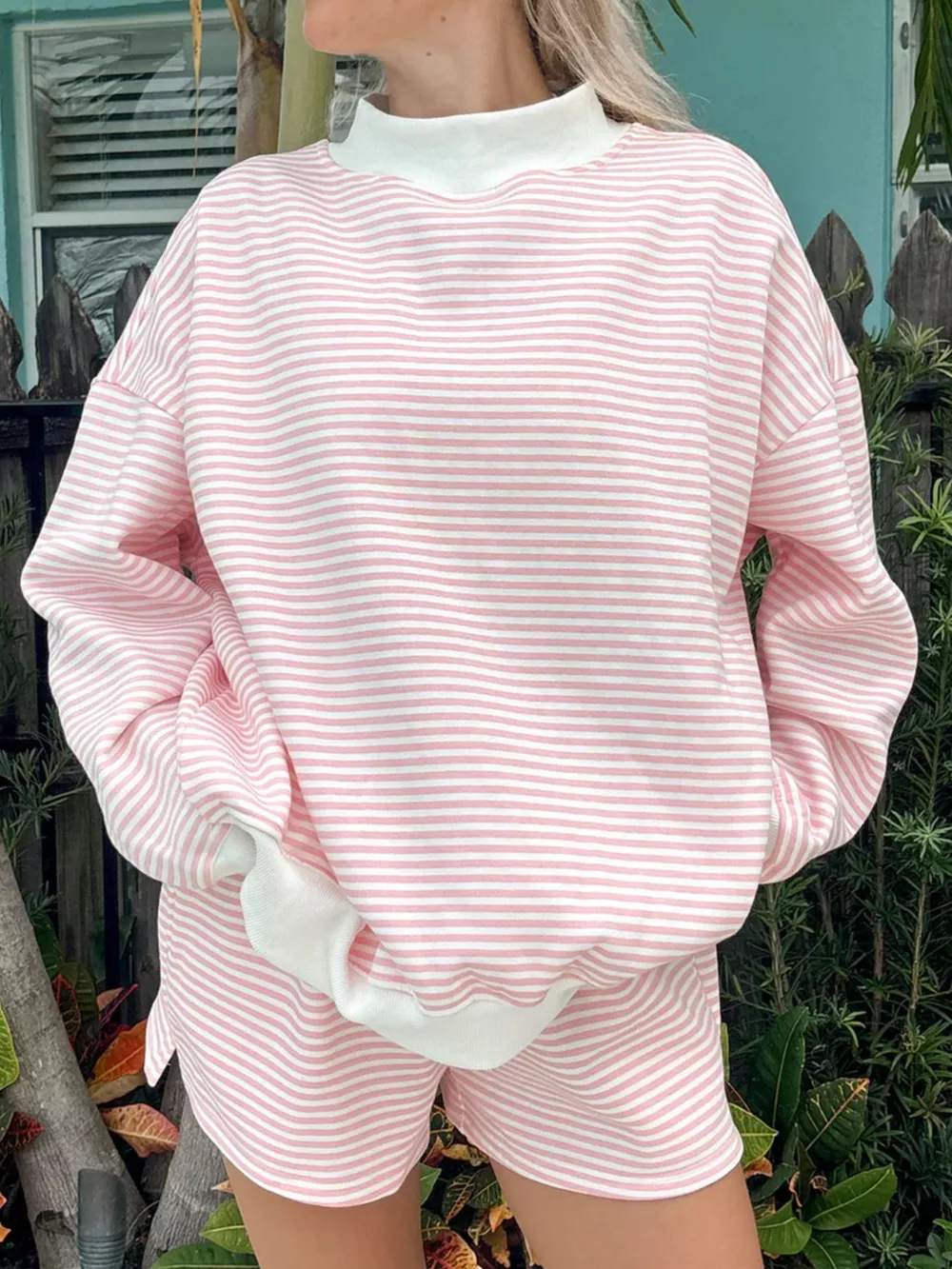 Striped Mock Neck Sweatshirt and Shorts Set, image 2