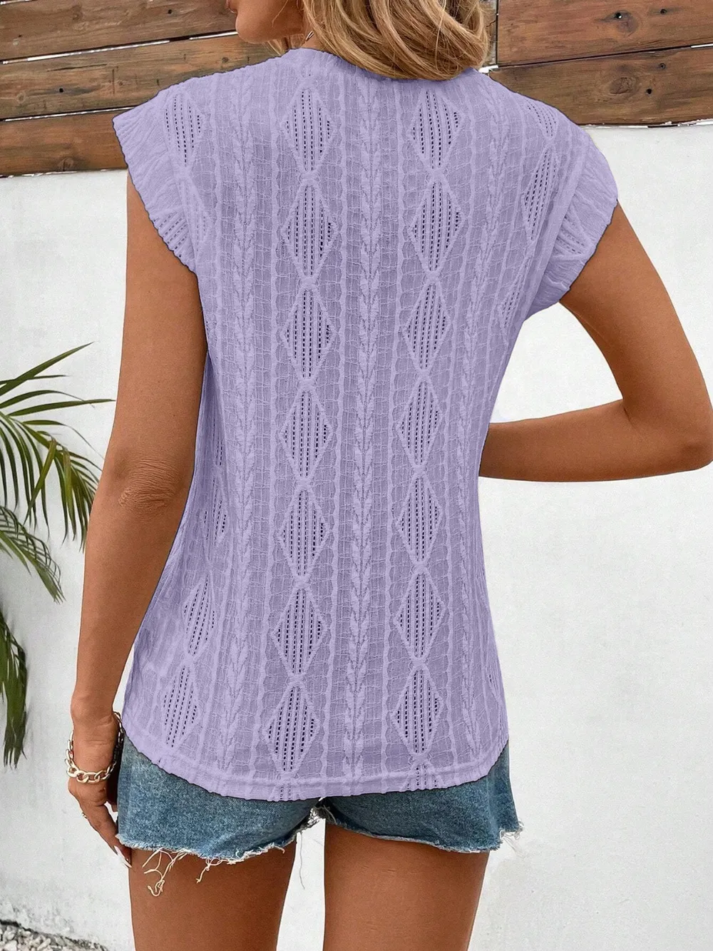 Openwork Round Neck Cap Sleeve Top, image 11