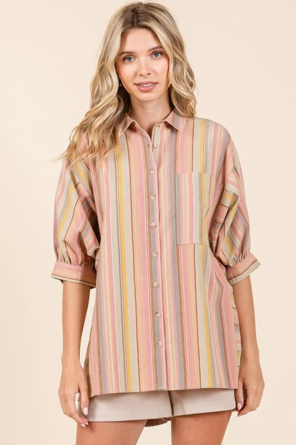 Striped Bubble Sleeve Button Down Shirt, image 6