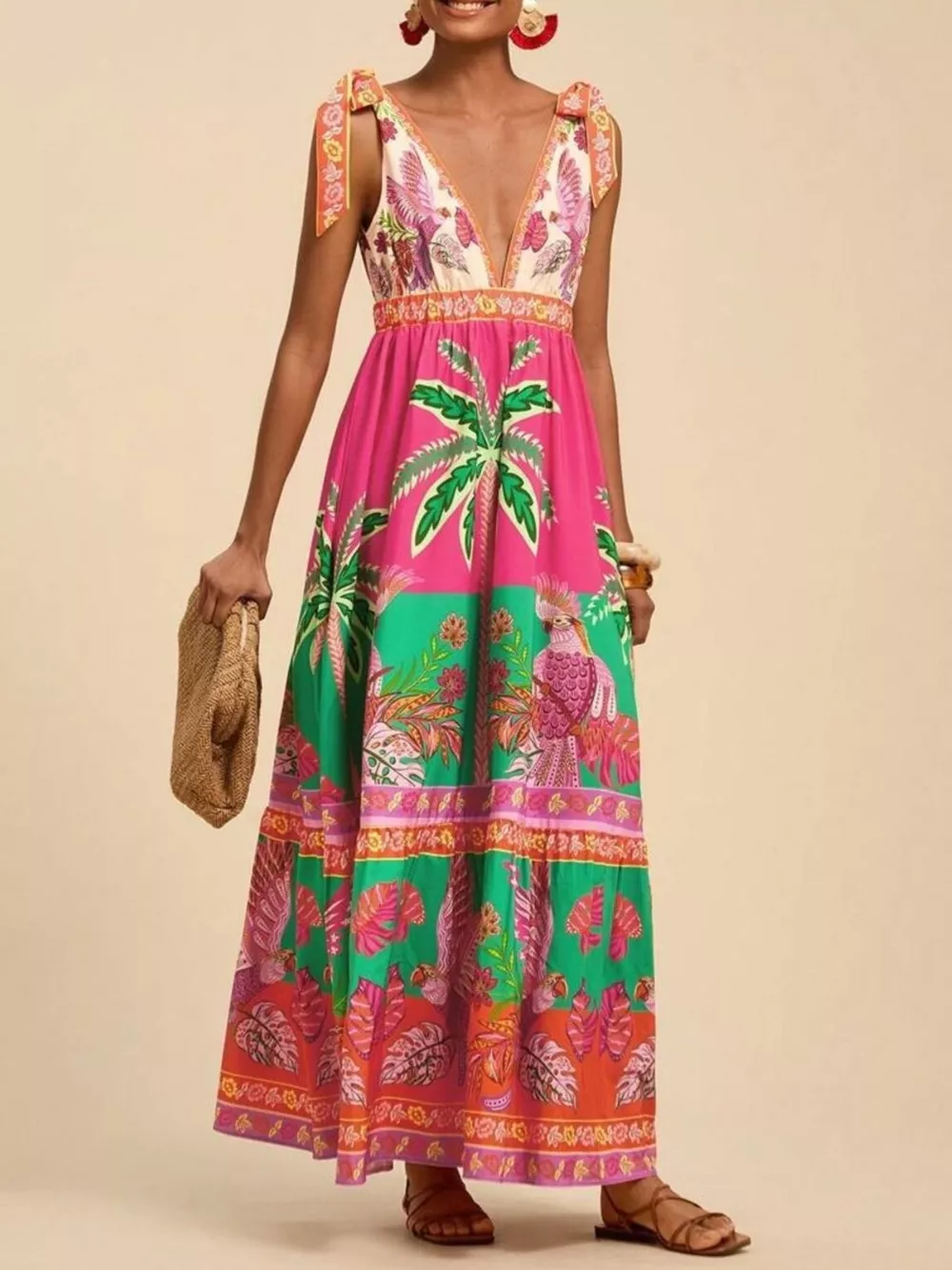 Tropical Print Tie-Shoulder Maxi Dress, image 2