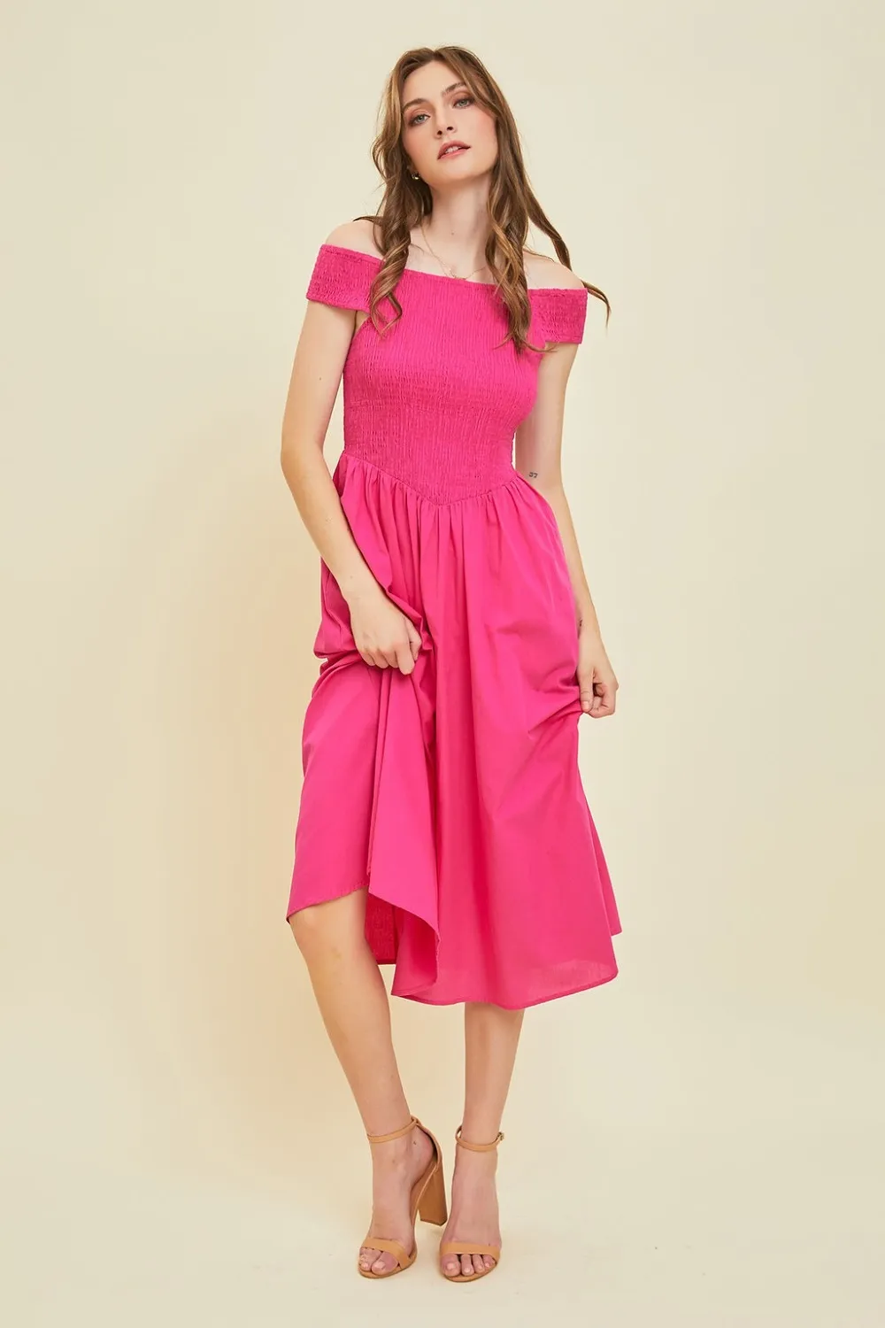 Off-Shoulder Smocked Midi Dress, image 2