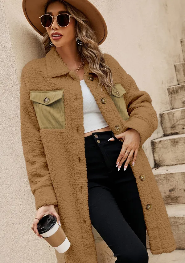 Collared Neck Long Sleeve Longline Teddy Jacket, image 10