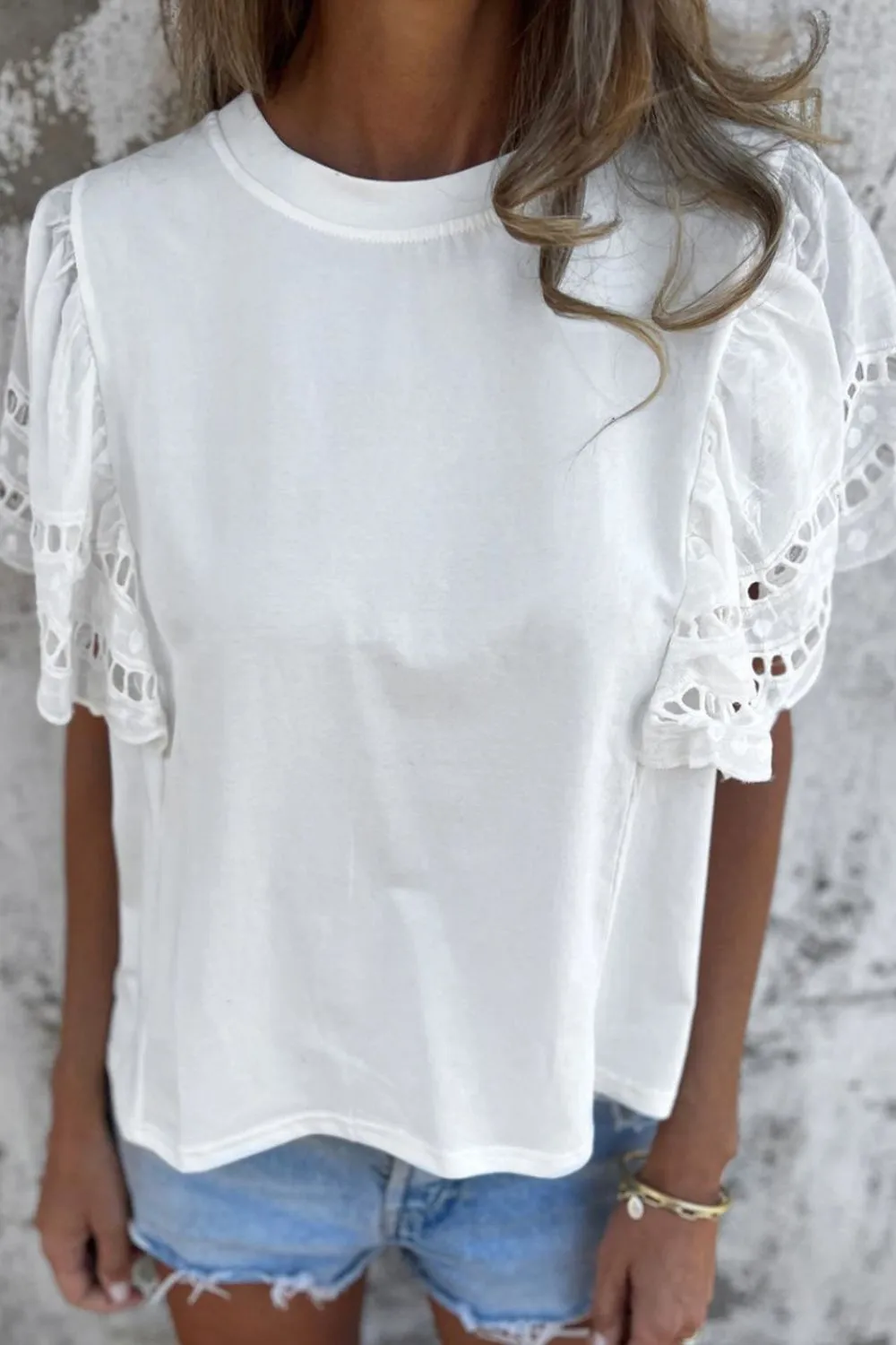 Hollow Out Embroidered Short Sleeve Round Neck Top, image 3