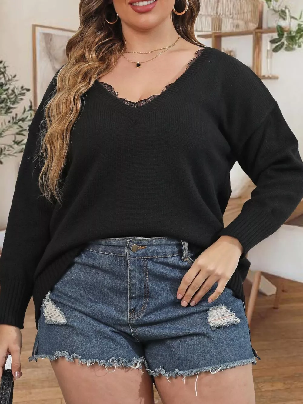 Plus Size Lace Trim V-Neck Sweater, image 5