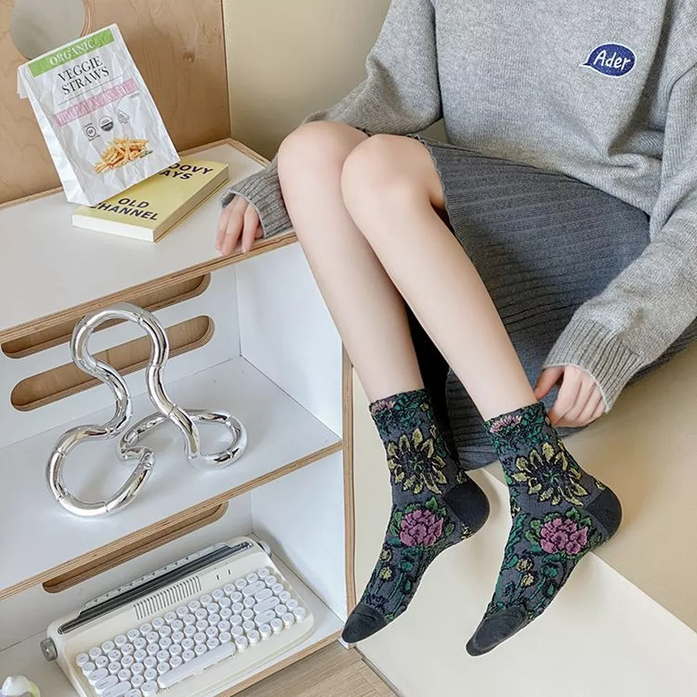Floral Jacquard Crew Socks, image 8