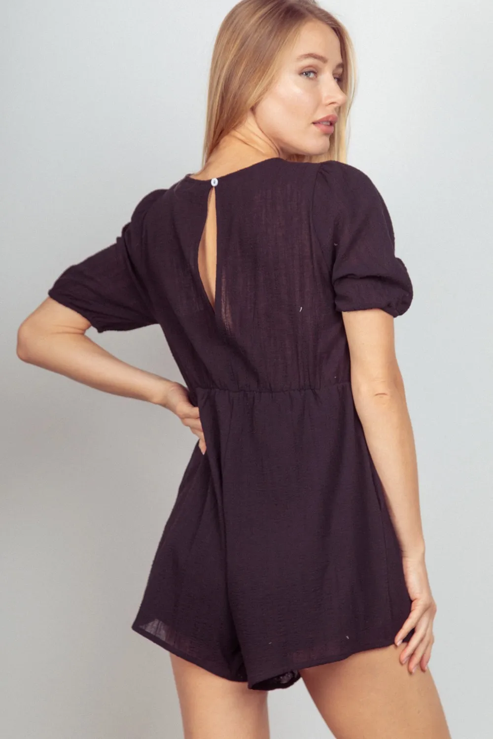 Lace Detail Puff Sleeve Romper with Pockets, image 2
