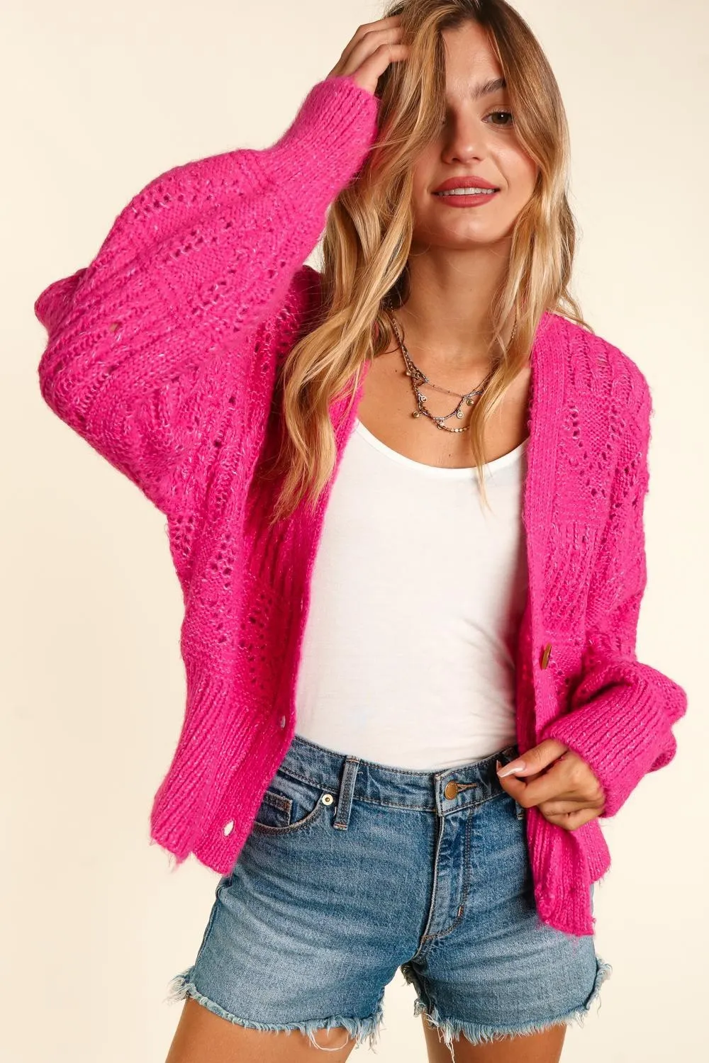 Full Size Button Down Crop Long Sleeve Cardigan, image 2