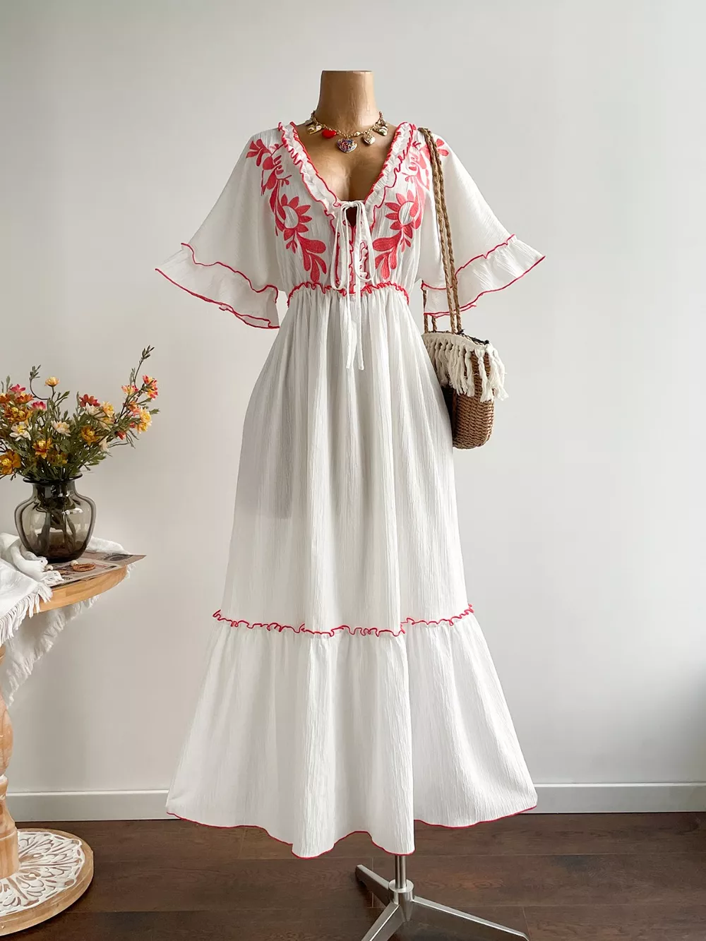 Plus Size Front Tie Maxi Dress with Floral Embroidered, image 3