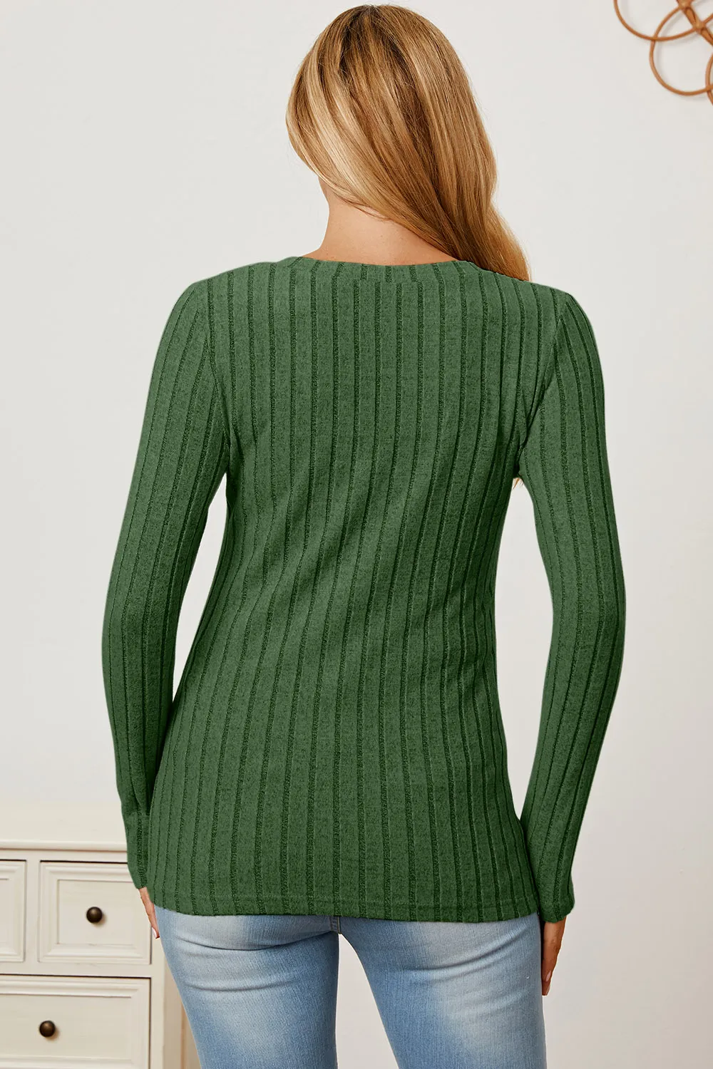 Full Size Ribbed V-Neck Long Sleeve T-Shirt, image 10