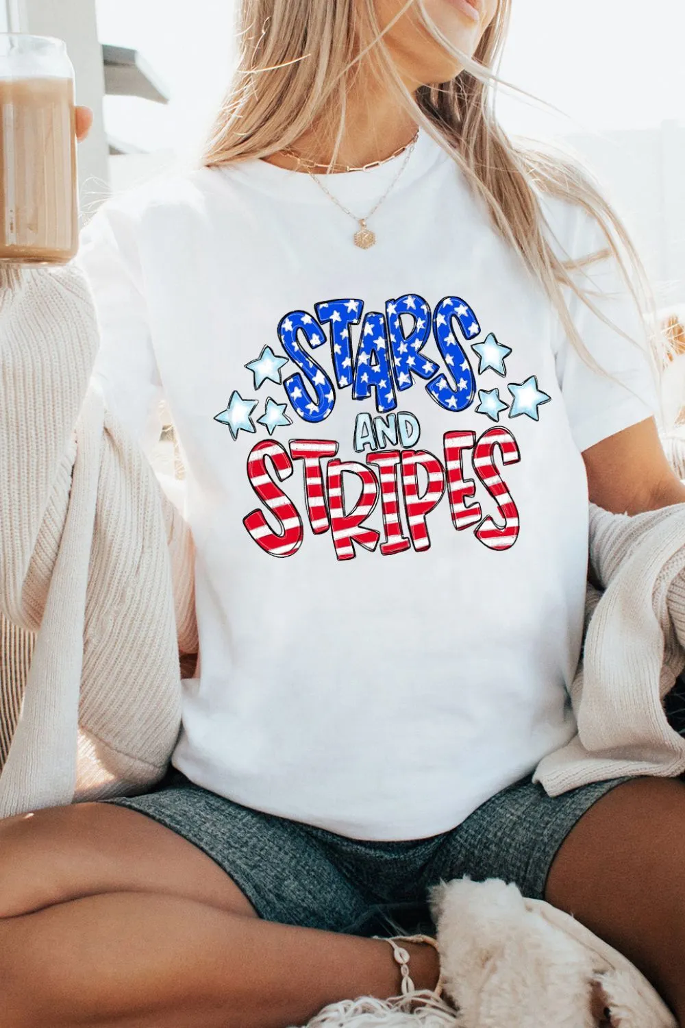 Stars and Stripes Round Neck Short Sleeve T Shirt, image 3