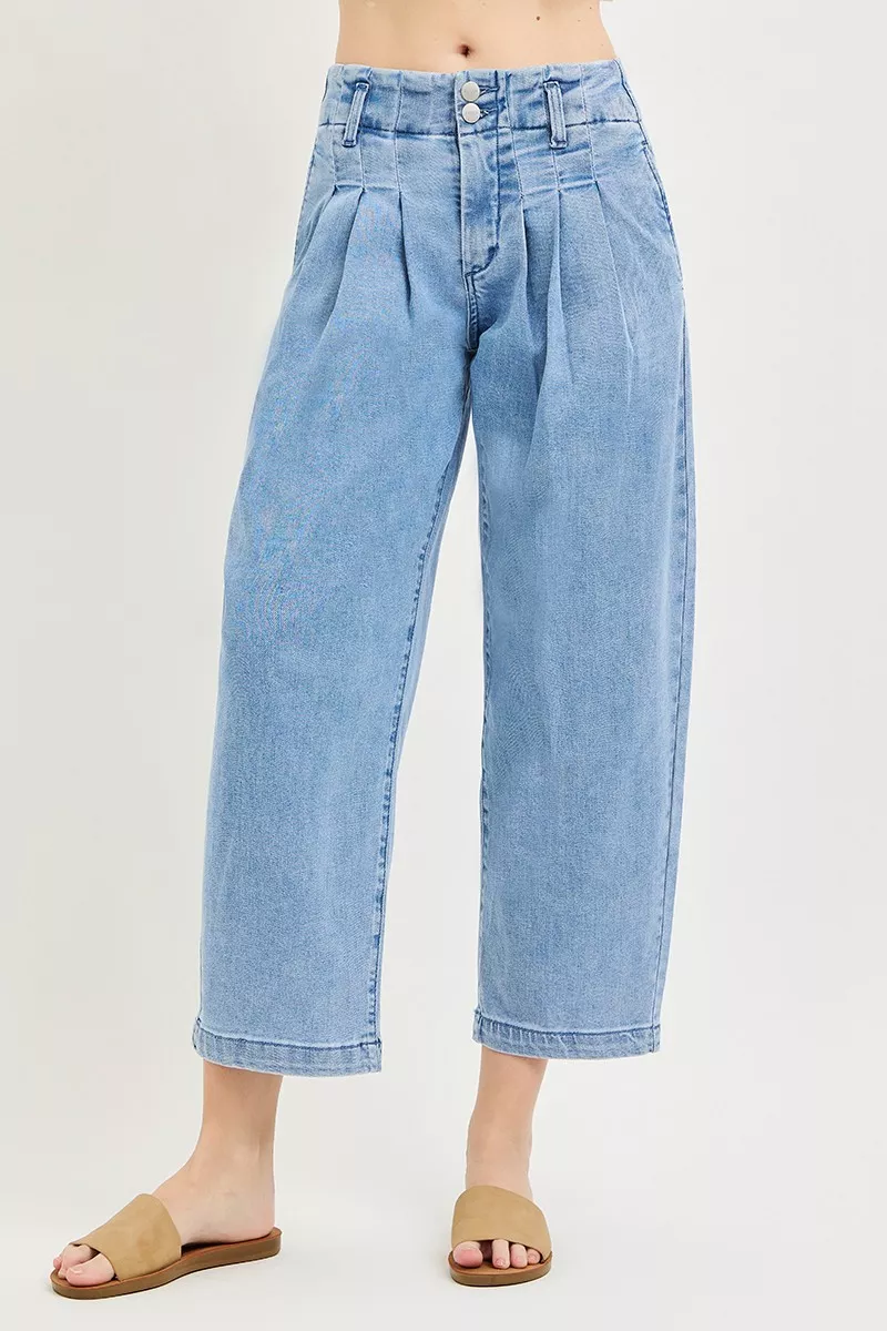 Slouchy Crop Barrel Pleated Jeans