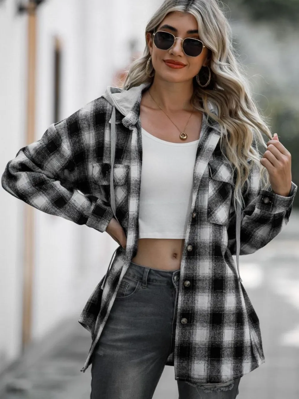 Drawstring Plaid Long Sleeve Hooded Shacket, image 4