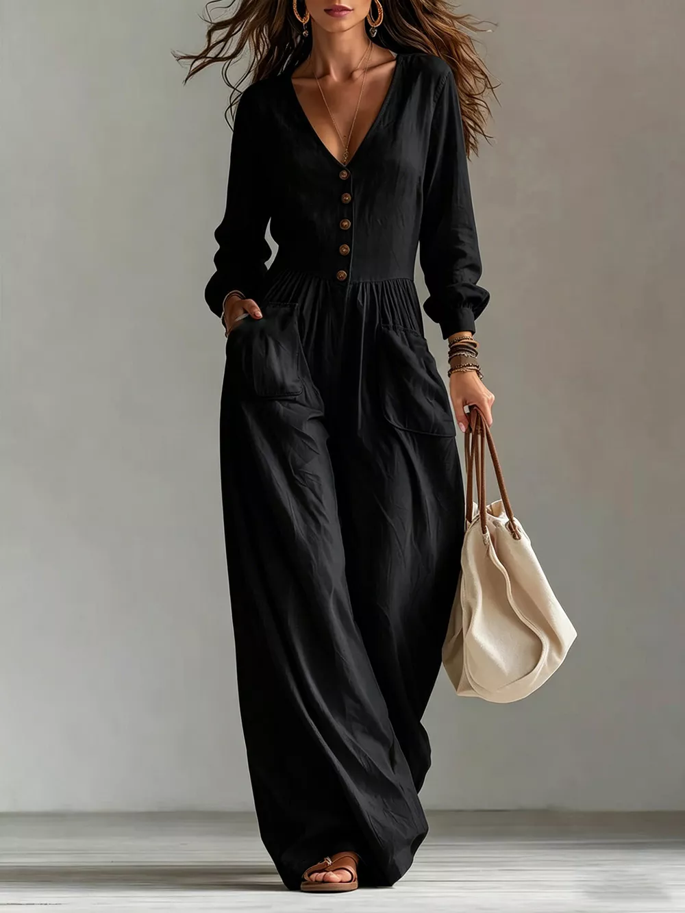 V-Neck Long Sleeve Button-Down Wide Leg Jumpsuit