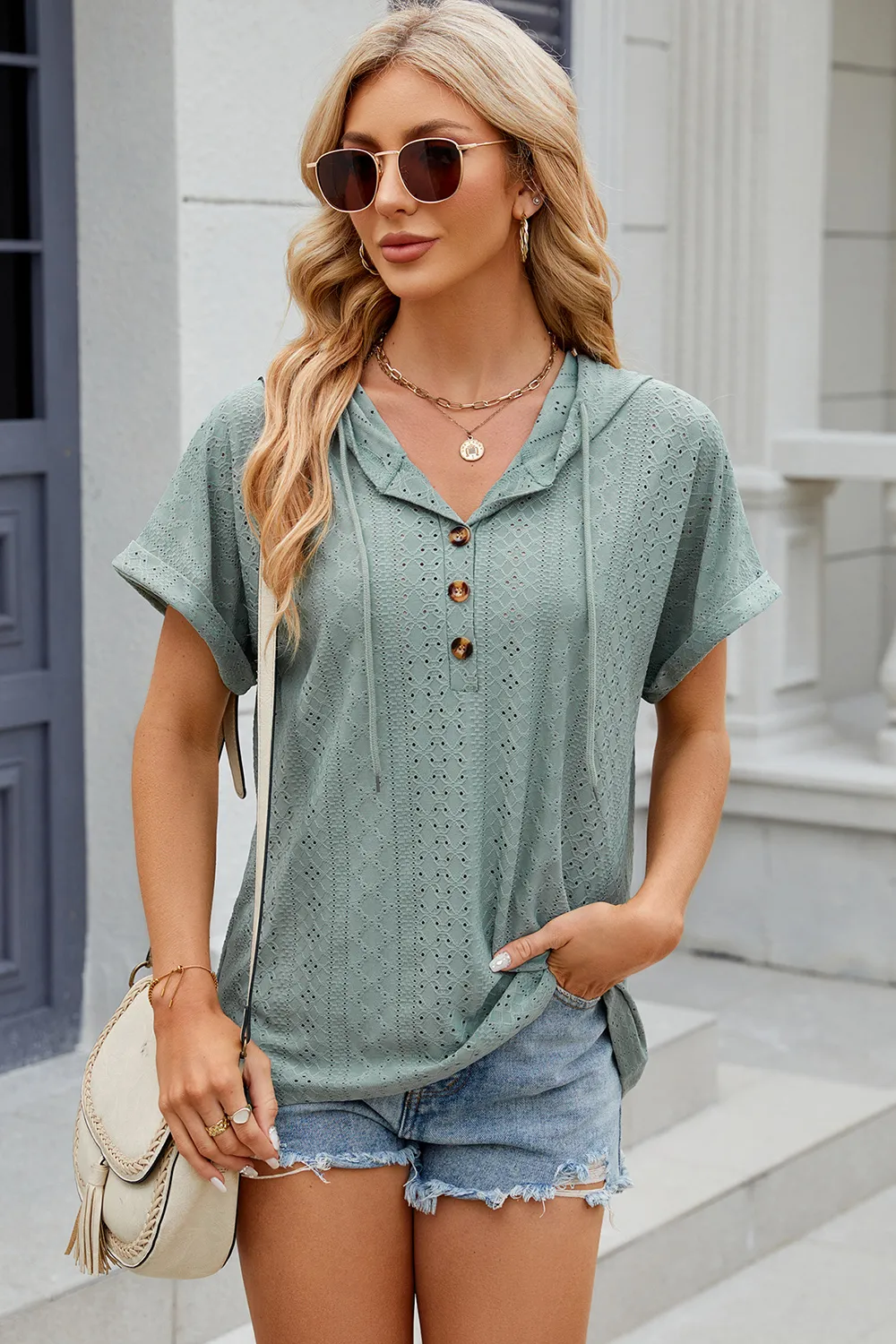 Eyelet Drawstring Hooded Short Sleeve Blouse, image 2