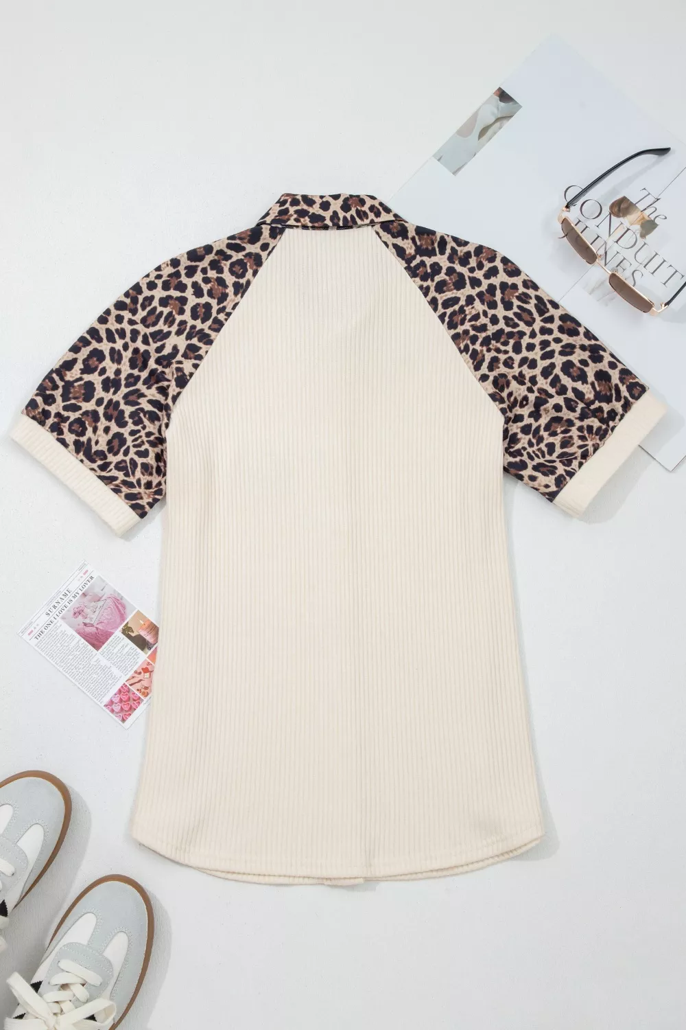 Ribbed Texture Button Down Leopard Patchwork Short Sleeve Shirt, image 3