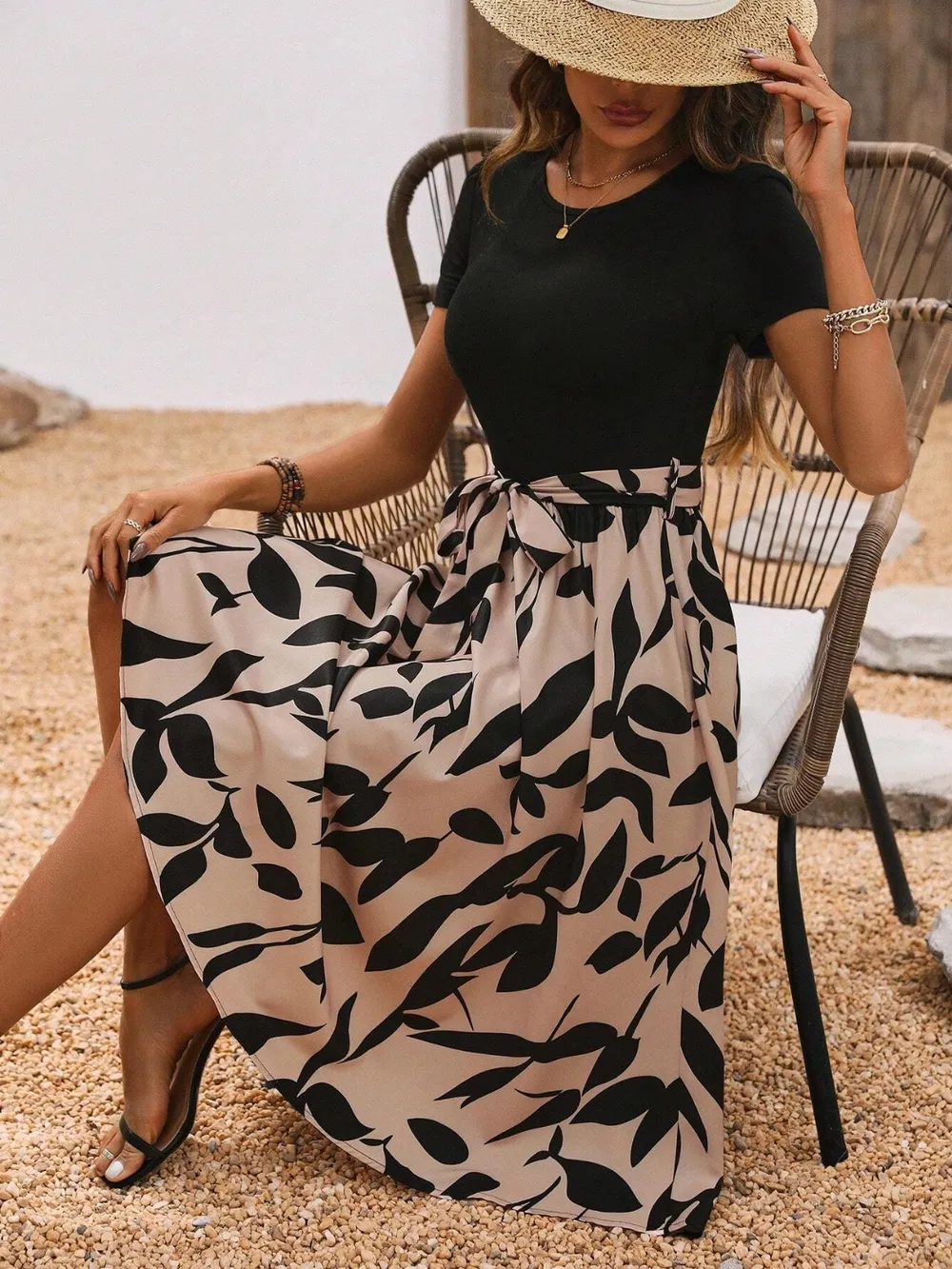 Printed Round Neck Short Sleeve Midi Dress, image 3