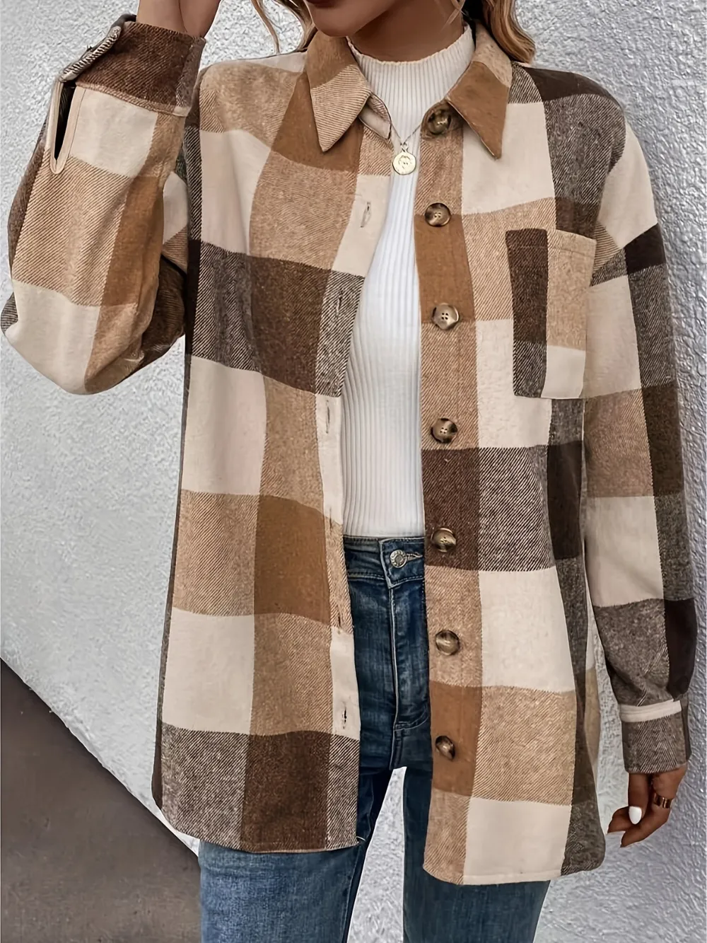 Curved Hem Plaid Collared Neck Shacket, image 2