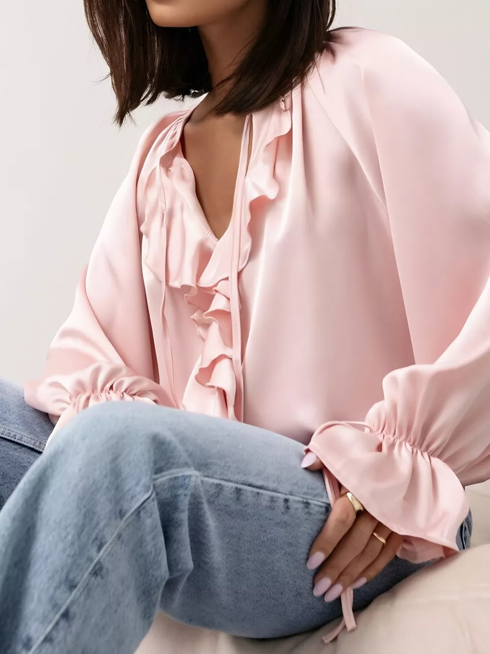 Ruffle Trim Satin Flounce Sleeve Blouse, image 5