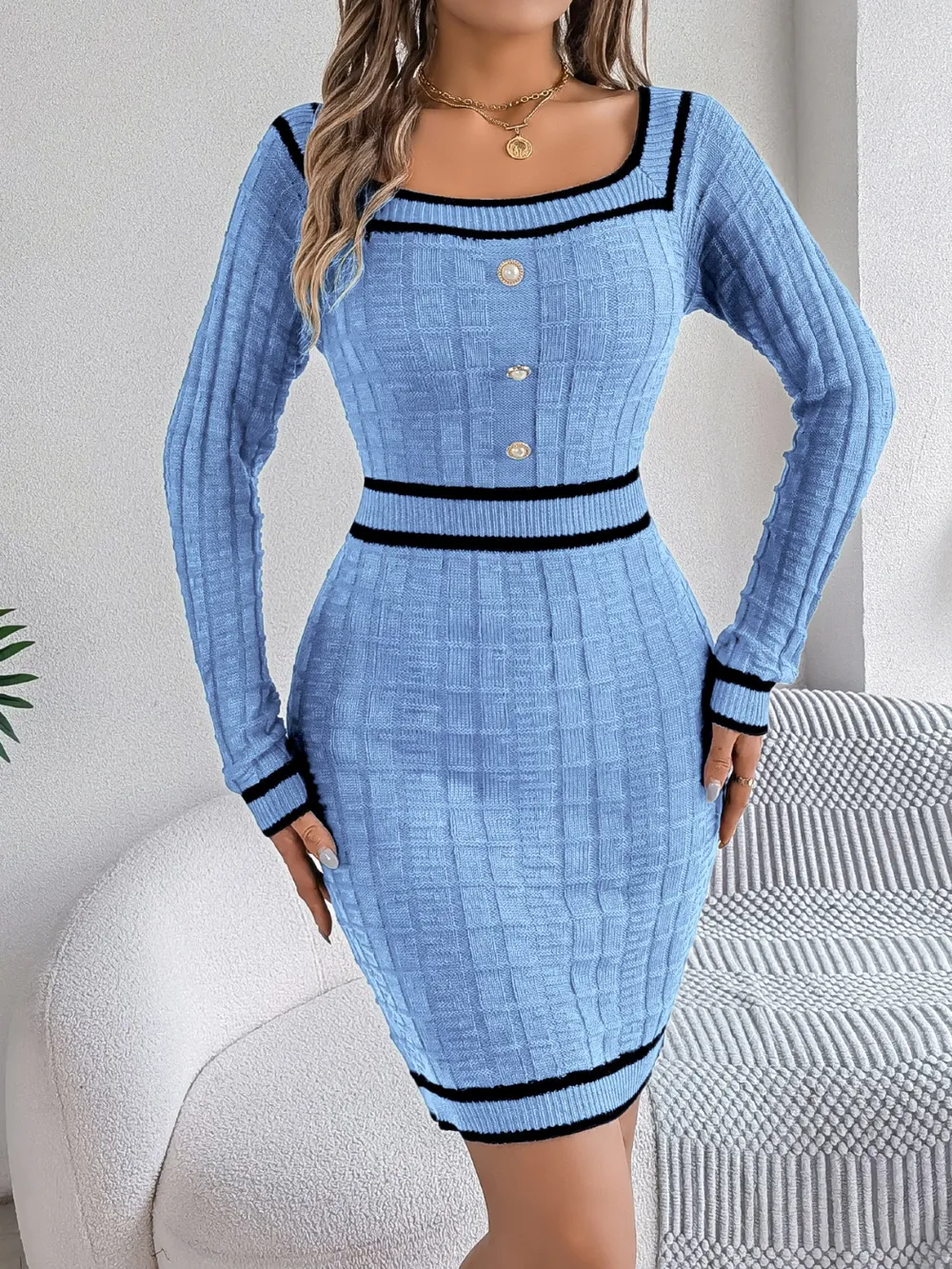 Contrast Trim Long Sleeve Sweater Dress, image 16