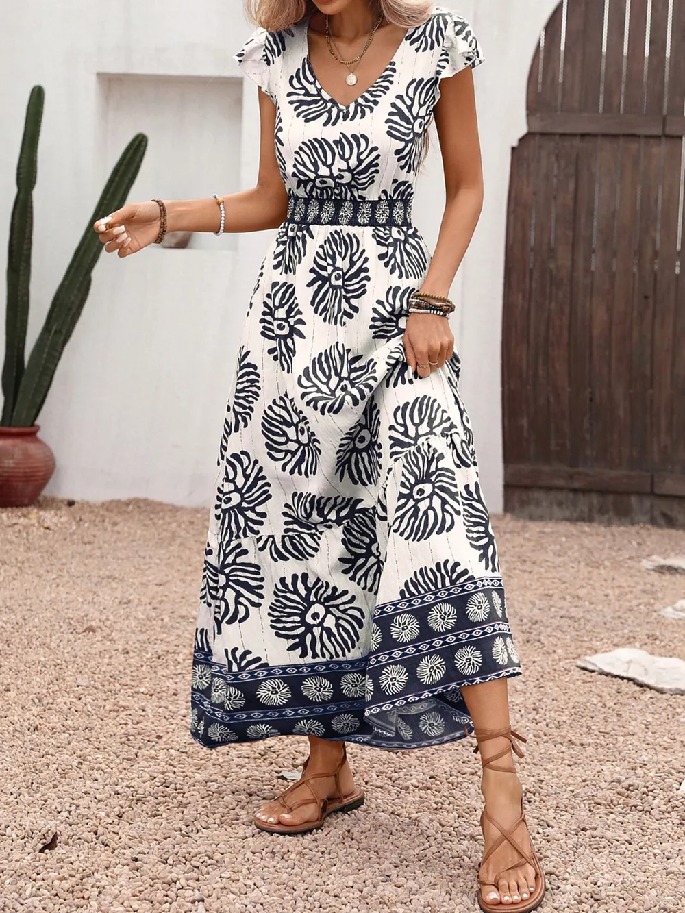Printed V-Neck Cap Sleeve Maxi Dress, image 7