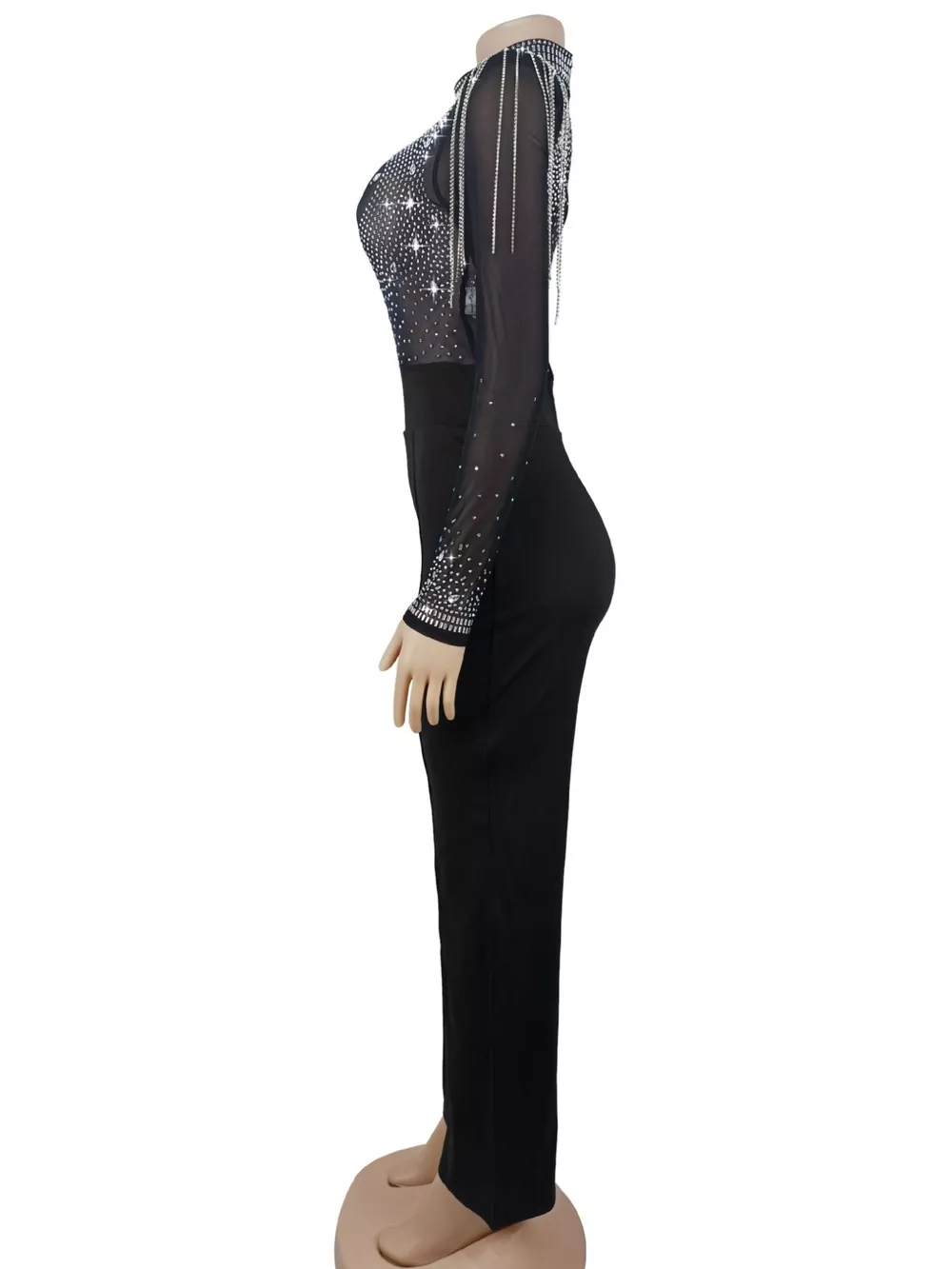 Rhinestone Embellished Mesh Long Sleeve Jumpsuit, image 8
