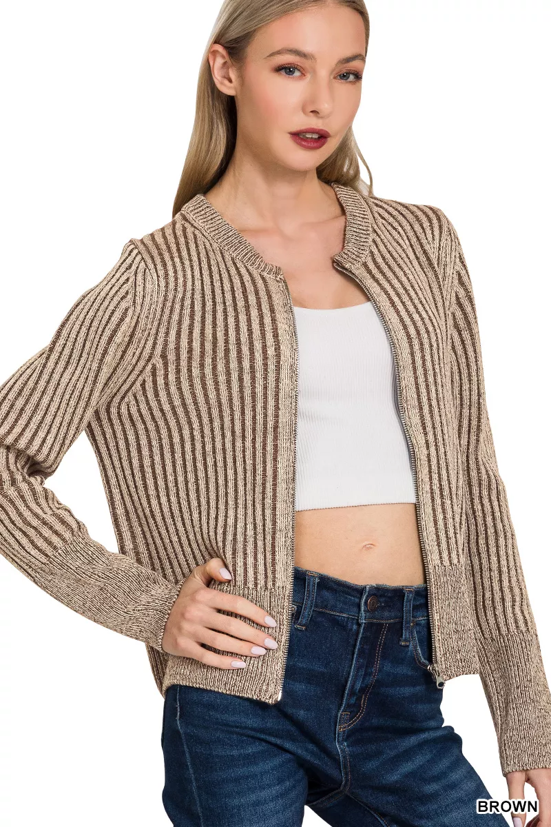 Ribbed Two Tone Zip Up Sweater Cardigan, image 2