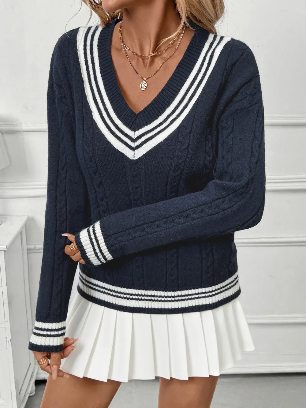 Contrast Striped V-Neck Sweater, image 3