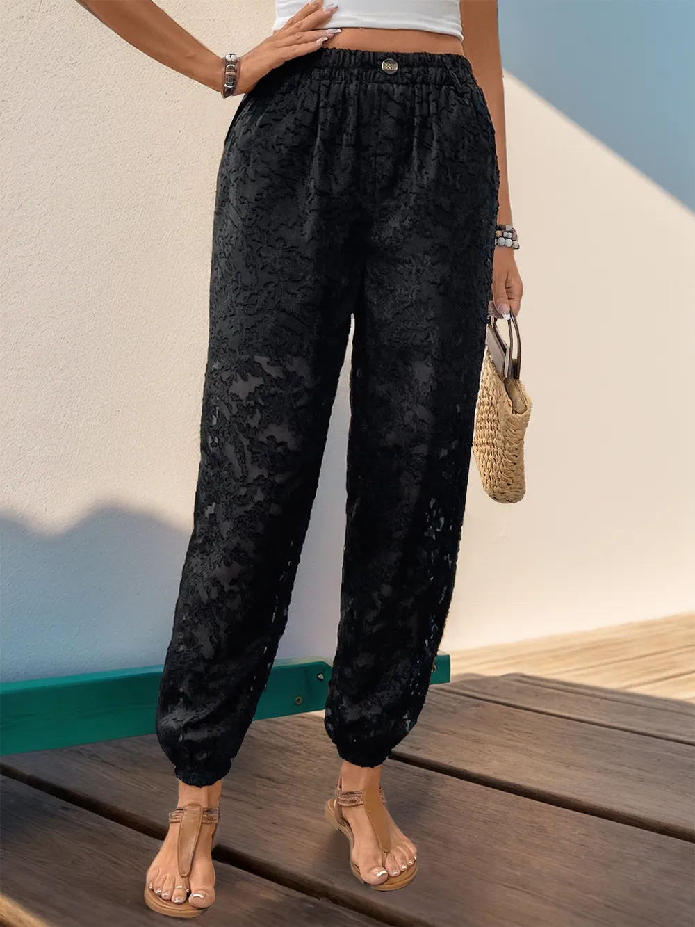 Pocketed Lace Elastic Waist Pants, image 3