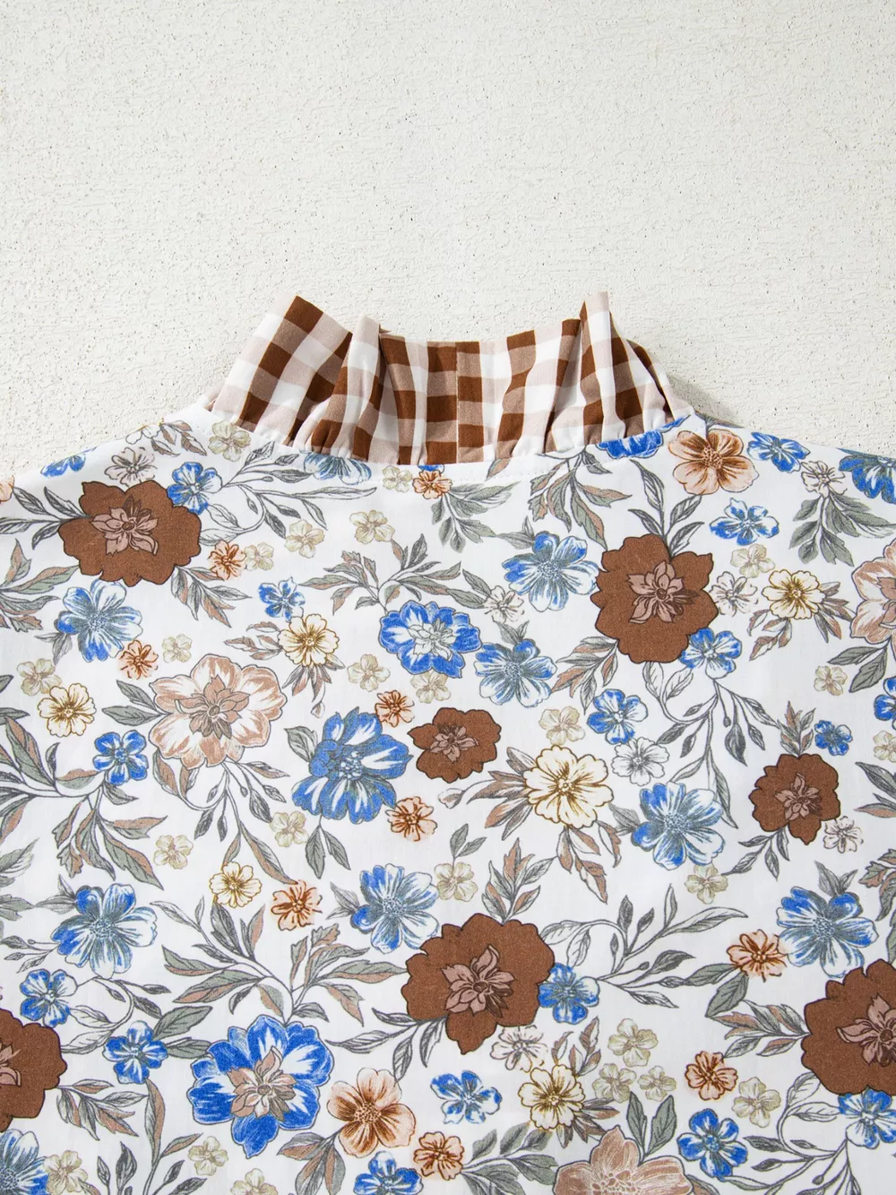 Plaid Frilled Trim V Neck Floral Long Sleeve Blouse, image 3